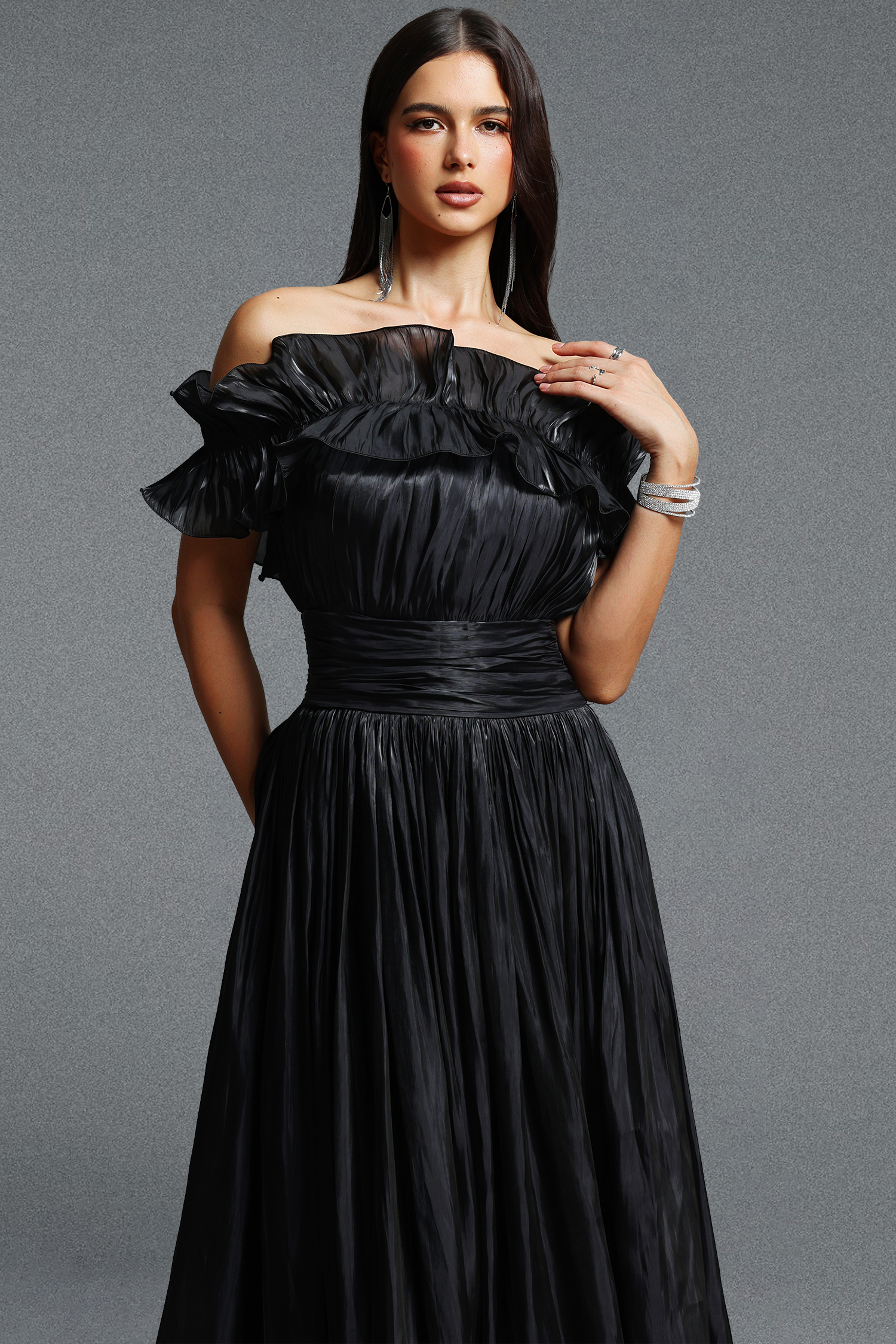 Suku Elegant Flowy Off Shoulder Ruched Black Maxi Dress
