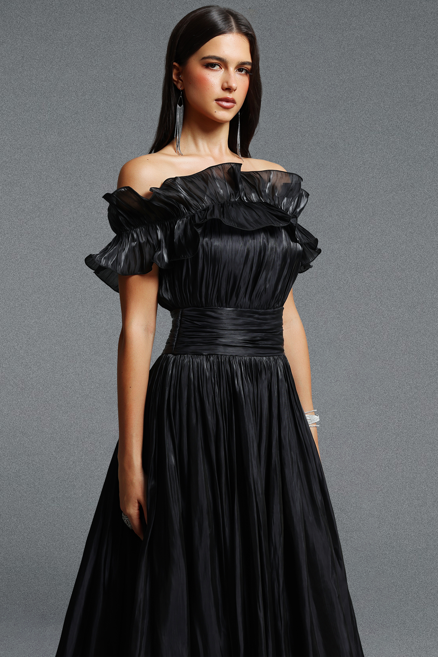 Suku Elegant Flowy Off Shoulder Ruched Black Maxi Dress