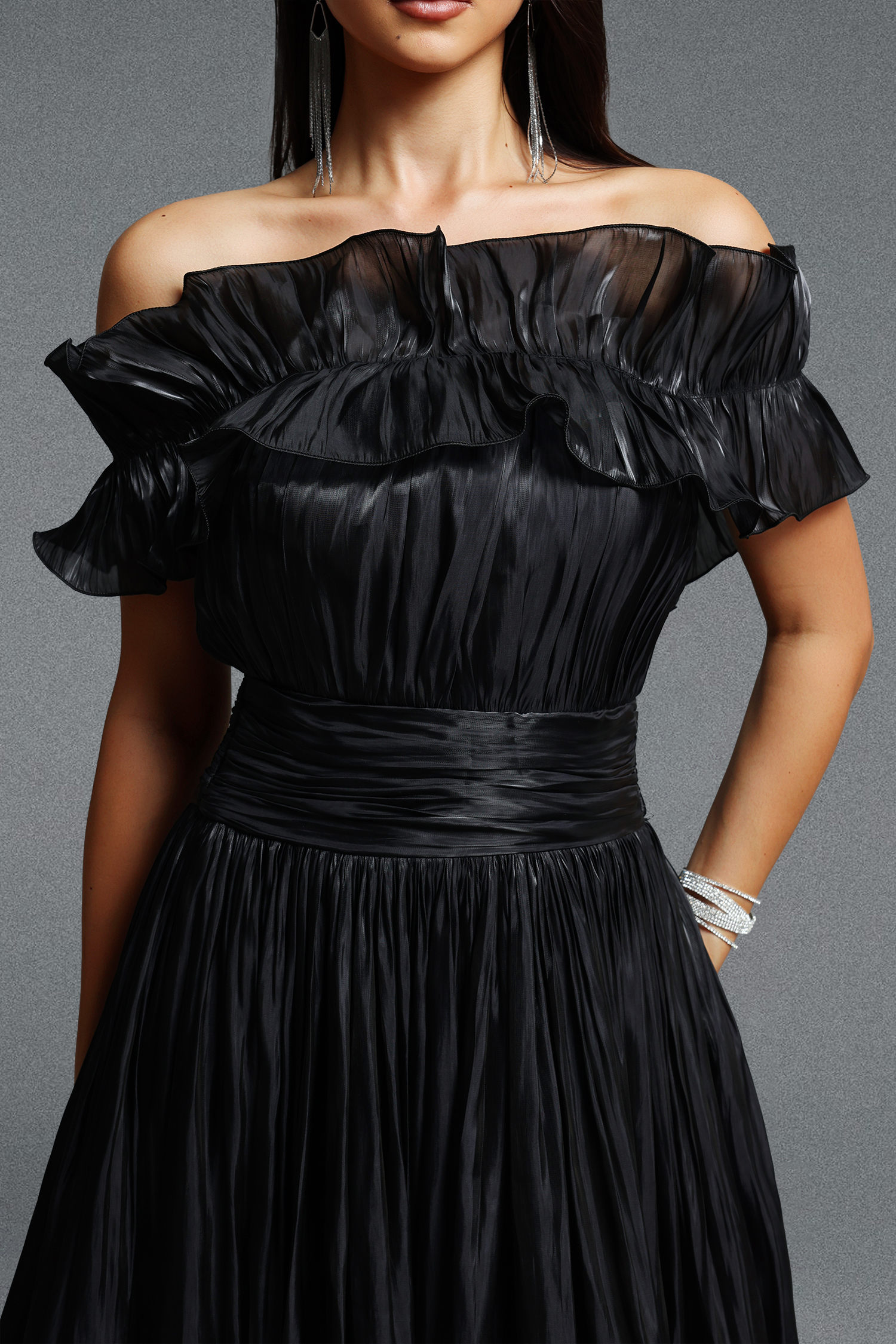 Suku Elegant Flowy Off Shoulder Ruched Black Maxi Dress