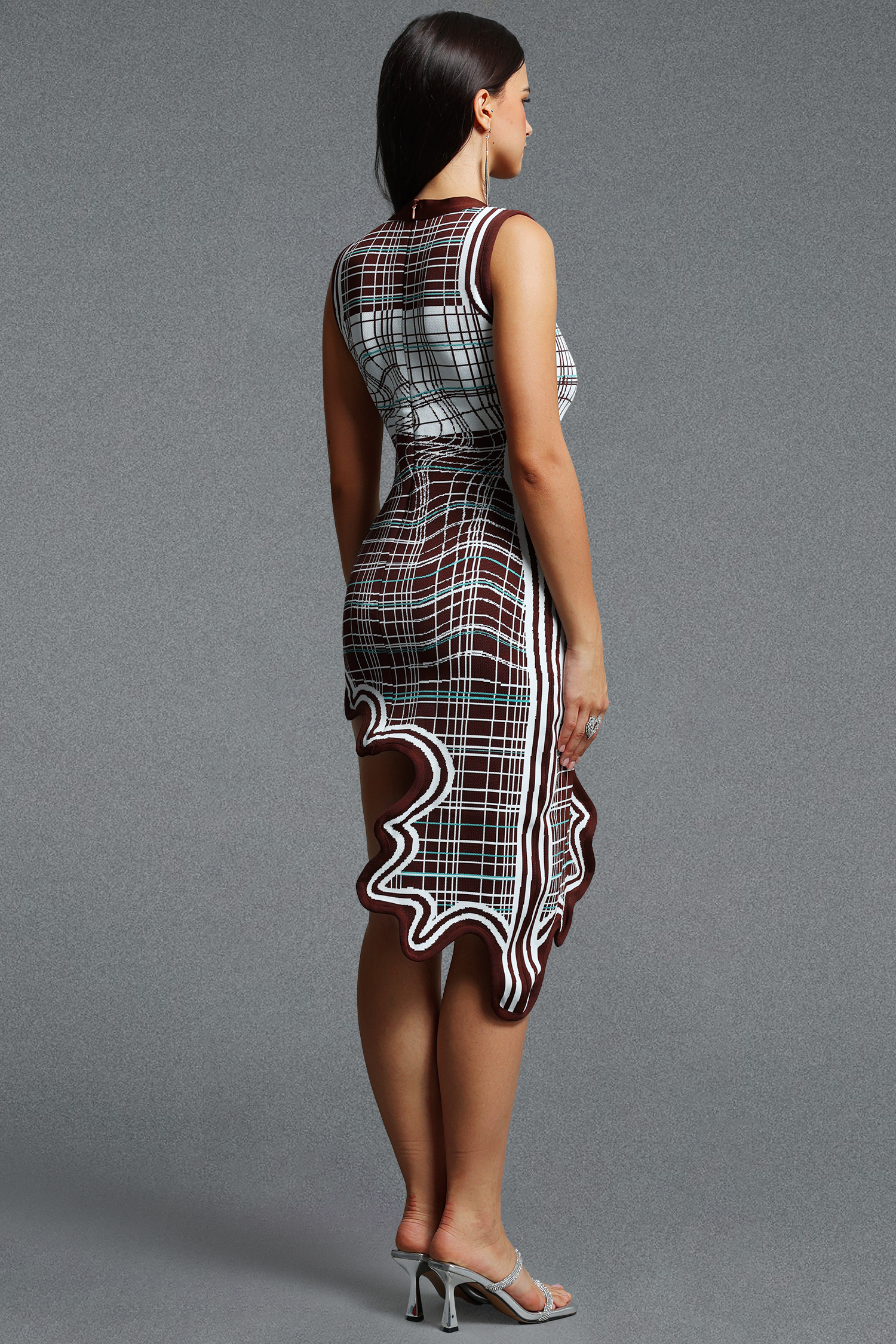 Quinn Modern Sleeveless Round Neck Plaid Asymmetrical Wavy Bandage Mini Dress