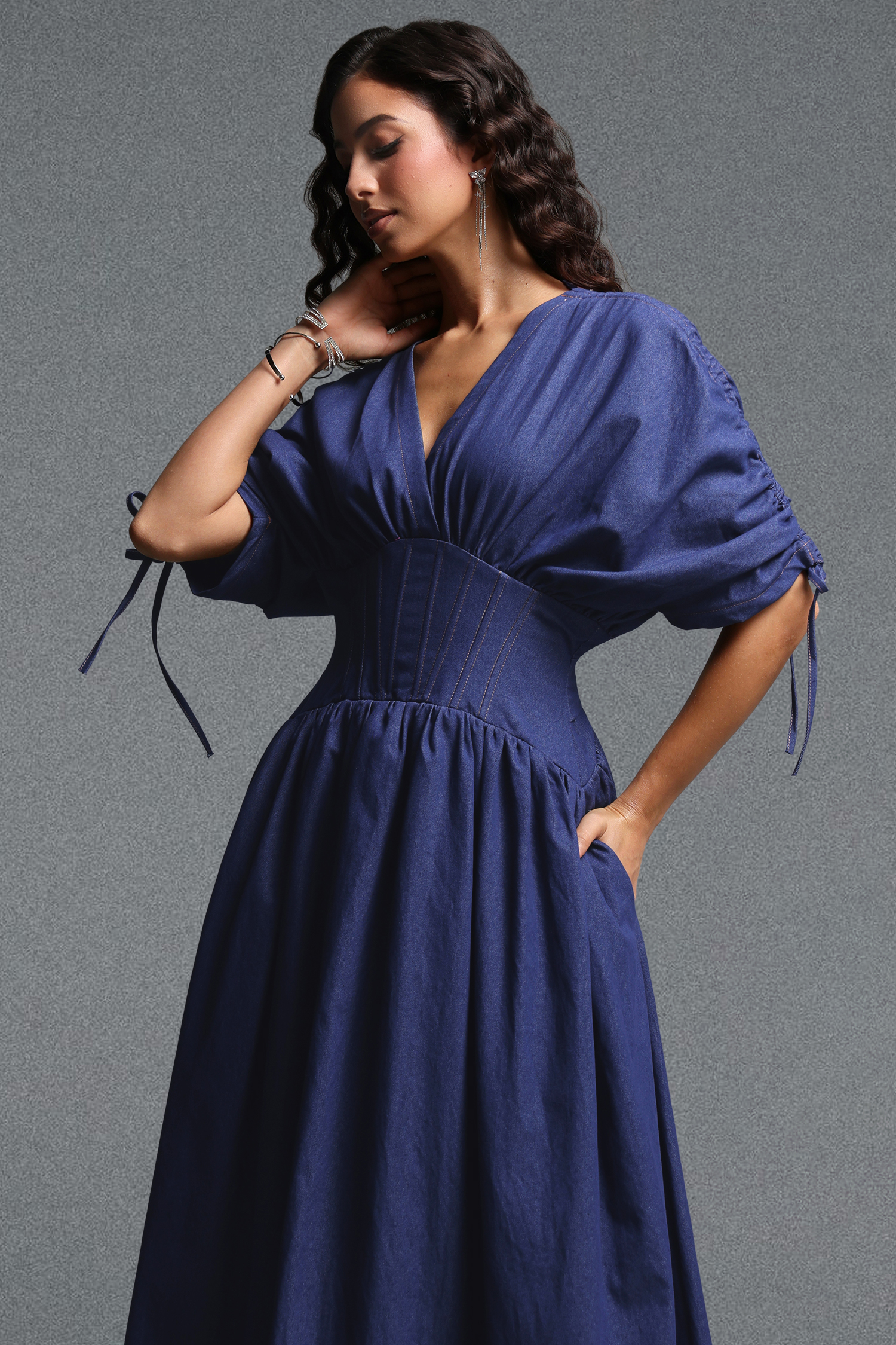 Faran Chic Tailored Denim Maxi Dress