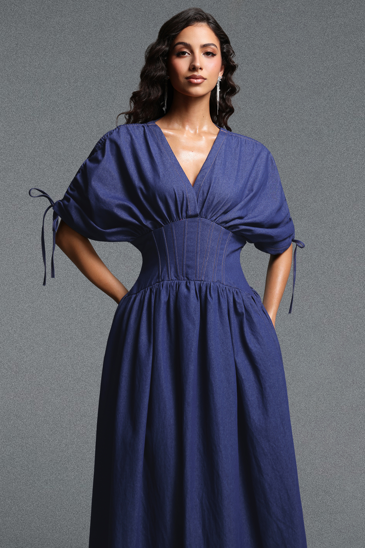 Faran Chic Tailored Denim Maxi Dress