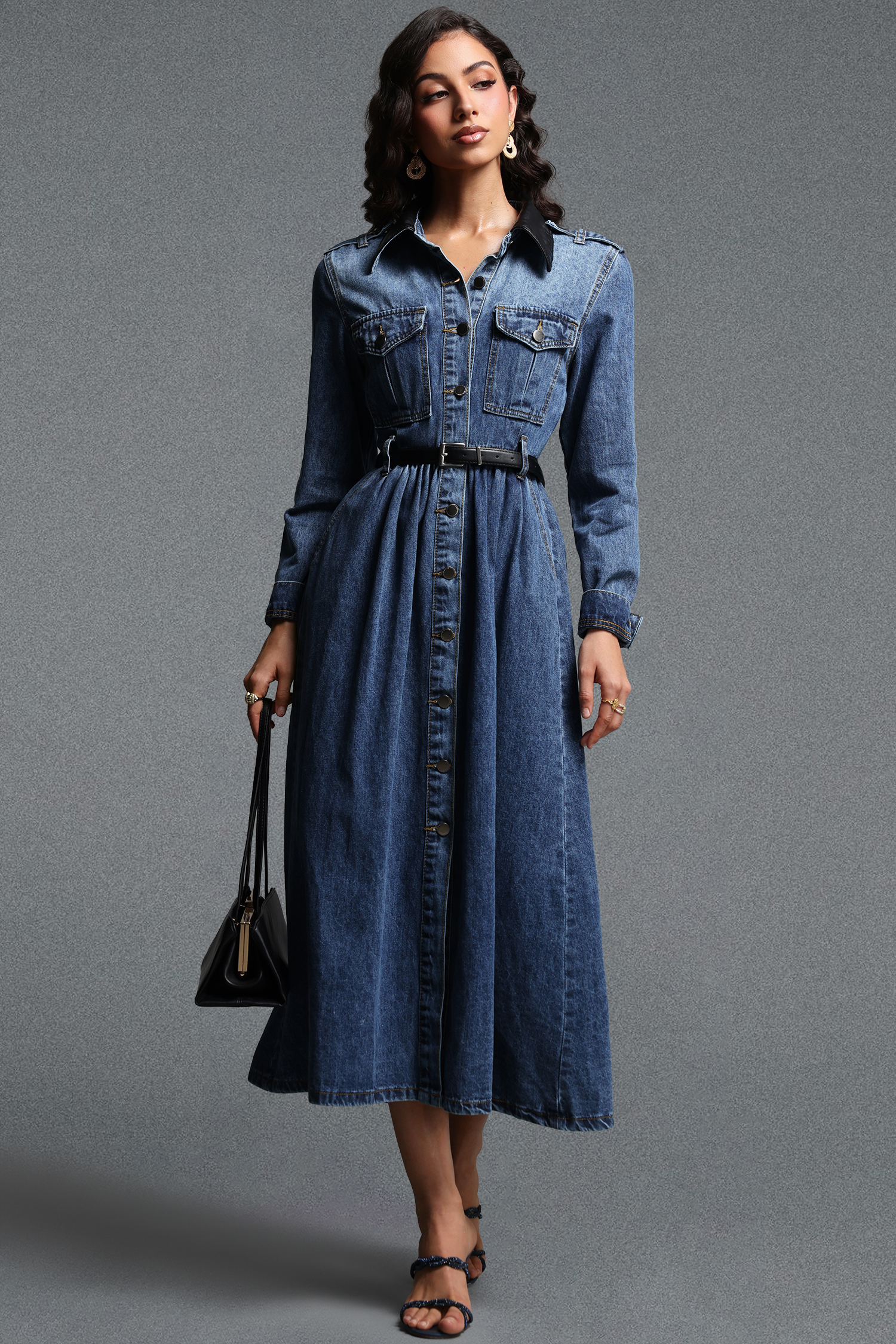 Kasuni Chic Tailored Contrast Collar Long Sleeve Denim Maxi Dress
