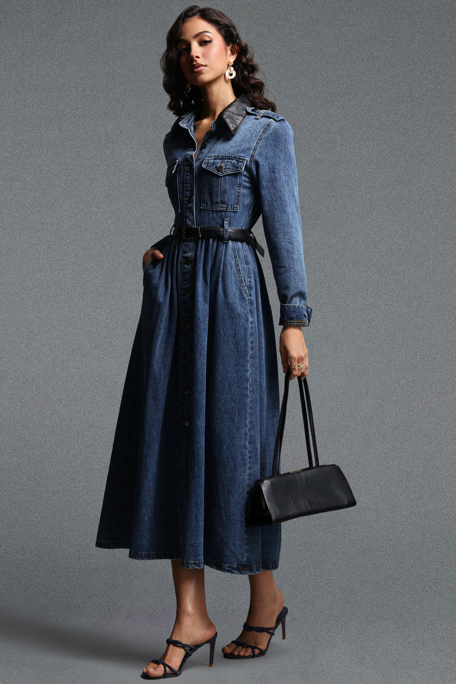 Kasuni Chic Tailored Contrast Collar Long Sleeve Denim Maxi Dress
