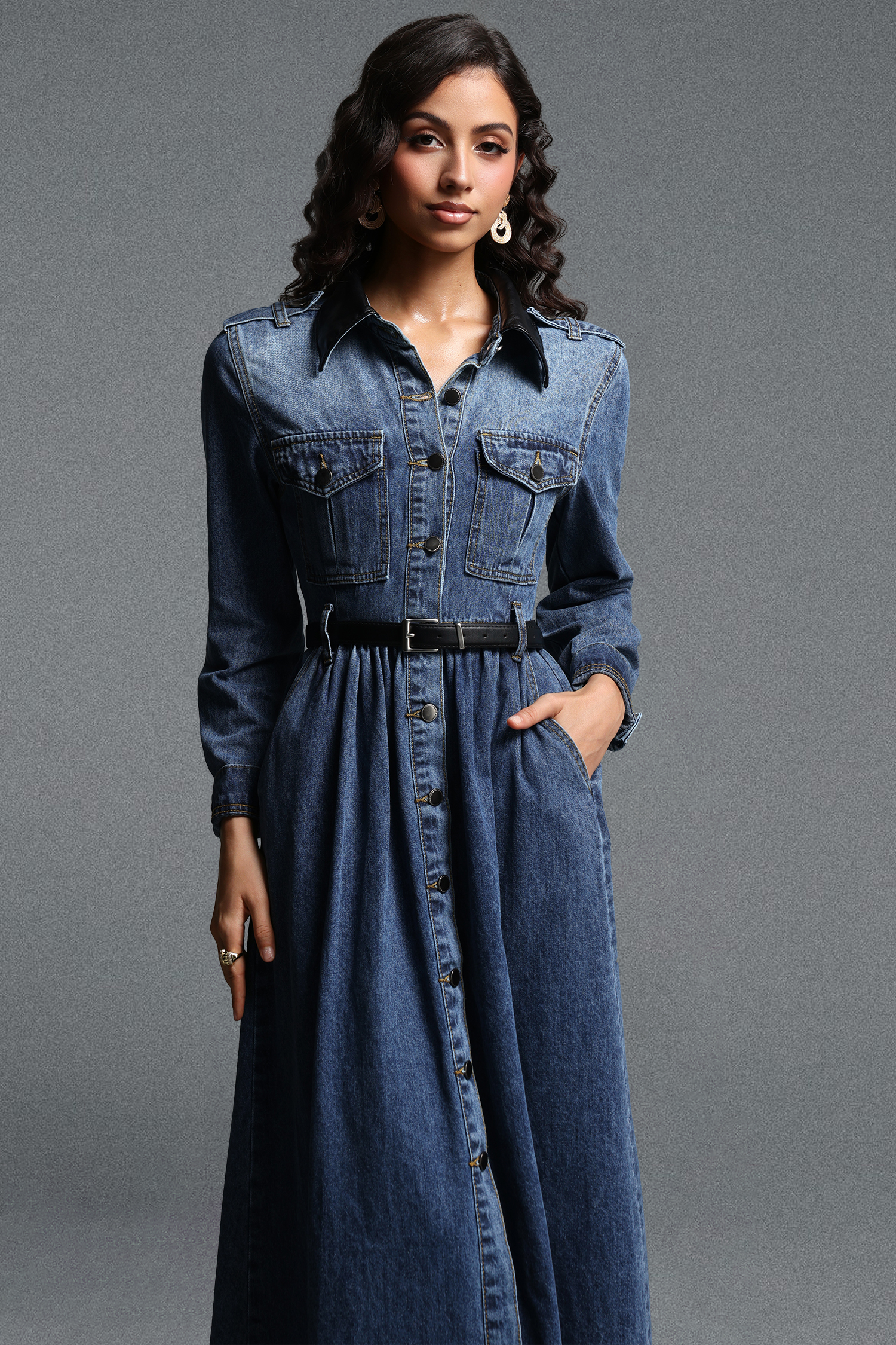 Kasuni Chic Tailored Contrast Collar Long Sleeve Denim Maxi Dress