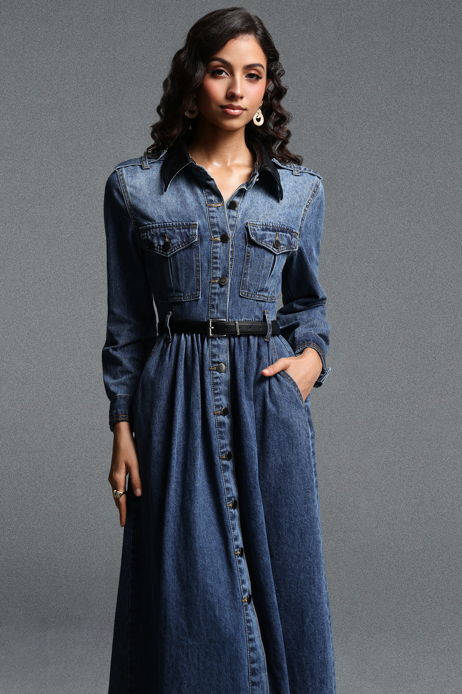 Kasuni Chic Tailored Contrast Collar Long Sleeve Denim Maxi Dress