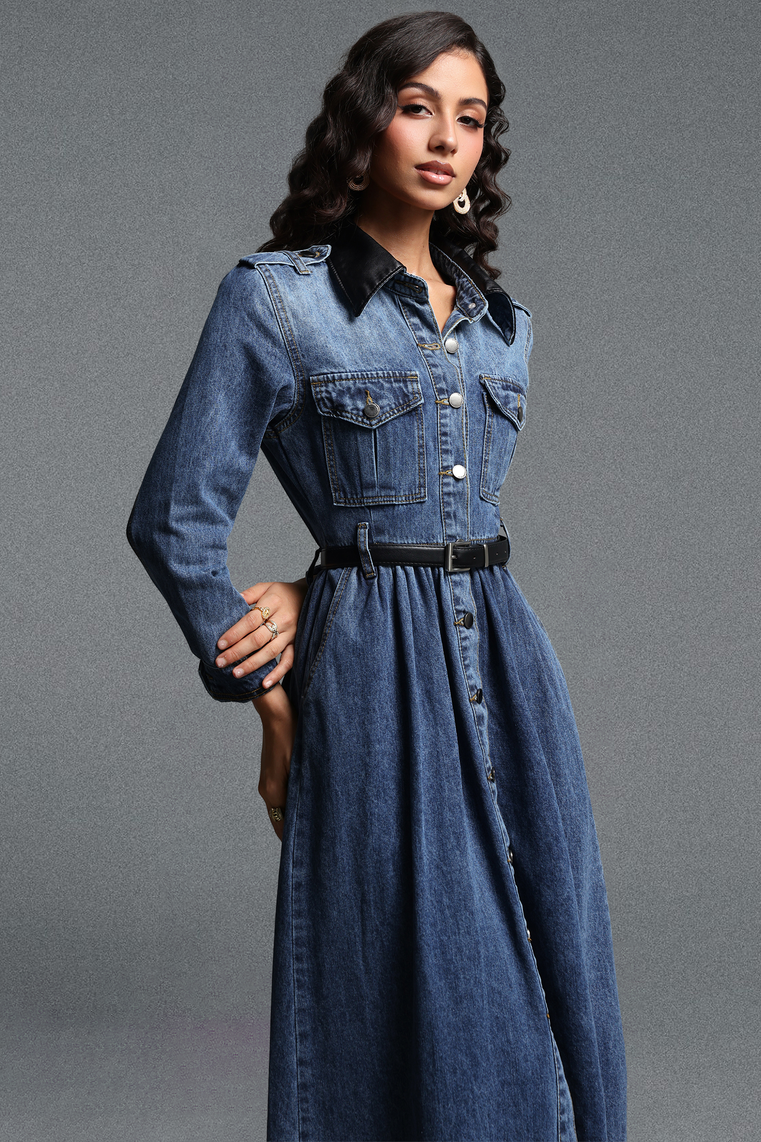 Kasuni Chic Tailored Contrast Collar Long Sleeve Denim Maxi Dress