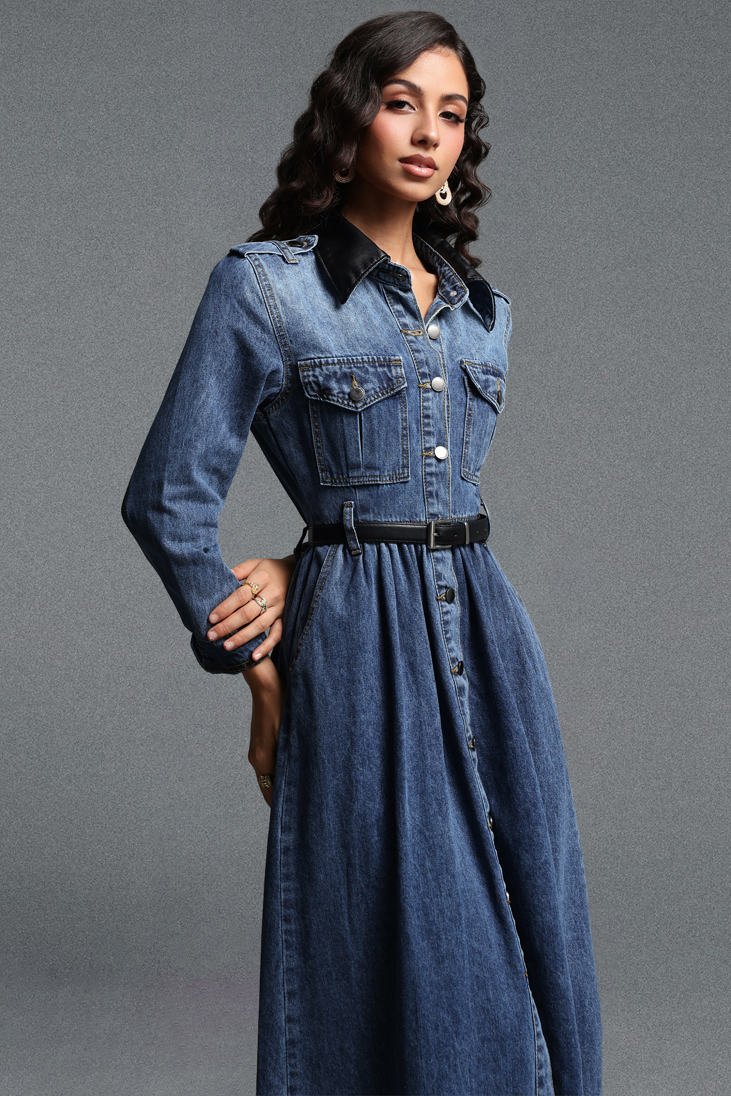 Kasuni Chic Tailored Contrast Collar Long Sleeve Denim Maxi Dress