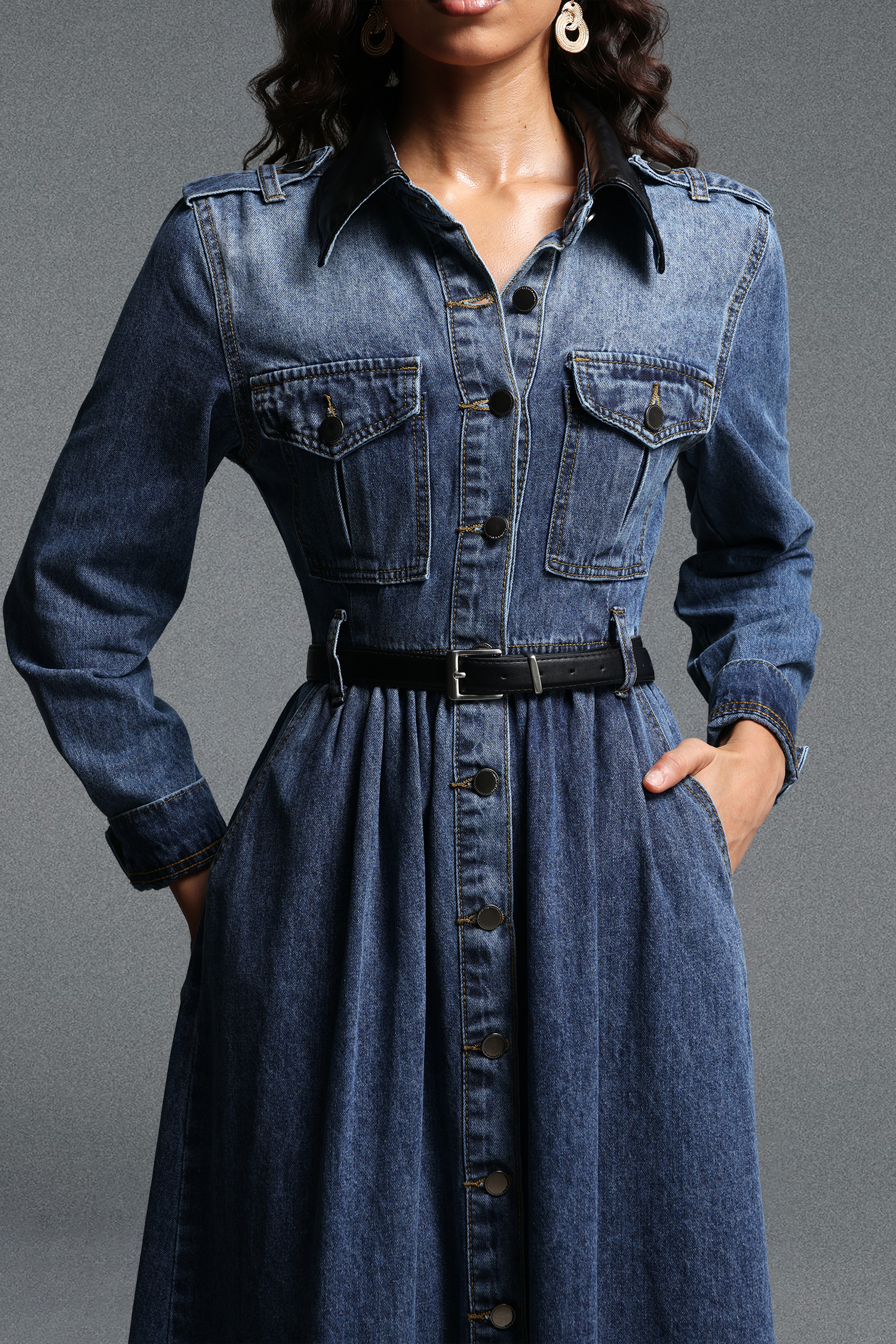 Kasuni Chic Tailored Contrast Collar Long Sleeve Denim Maxi Dress