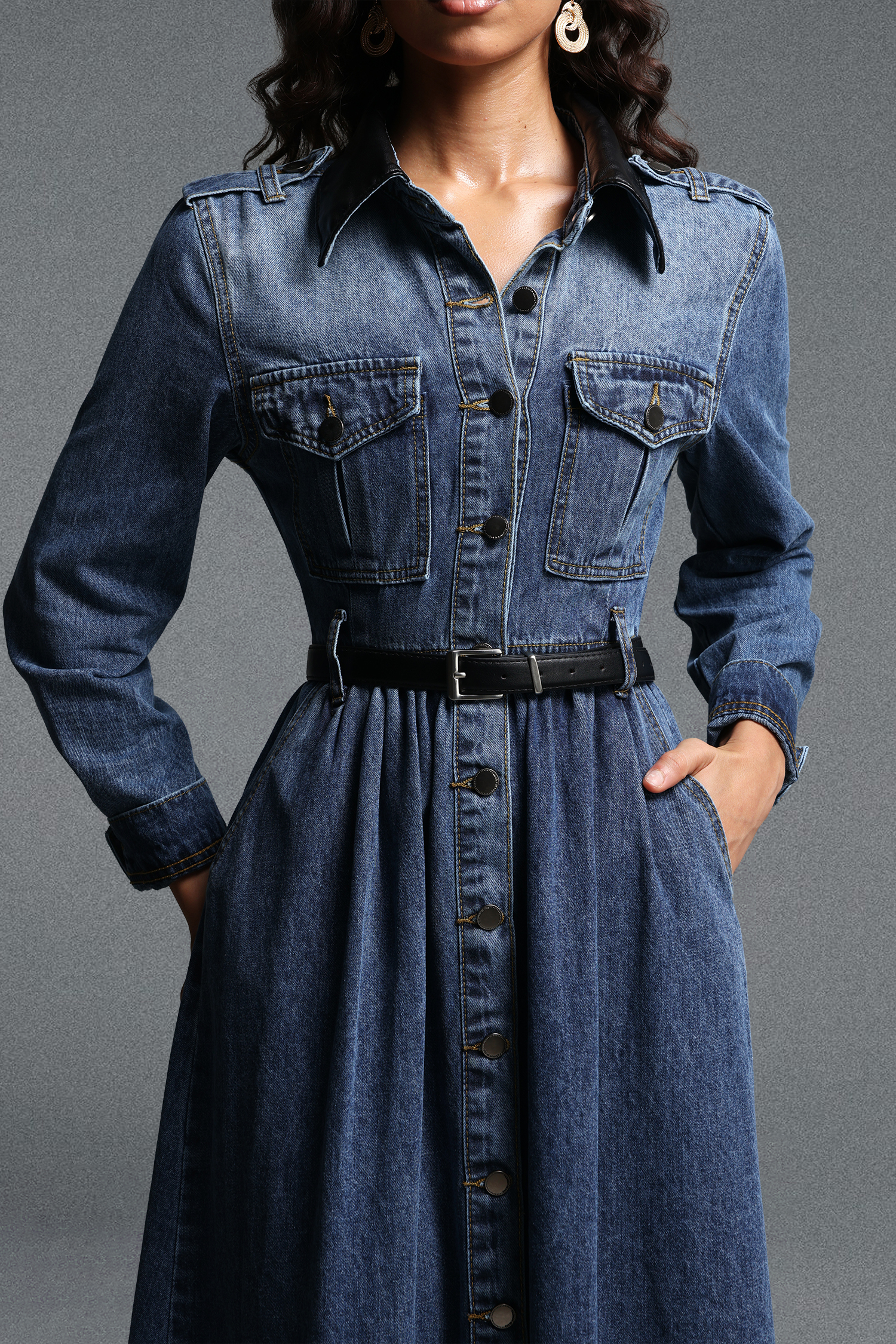 Kasuni Chic Tailored Contrast Collar Long Sleeve Denim Maxi Dress