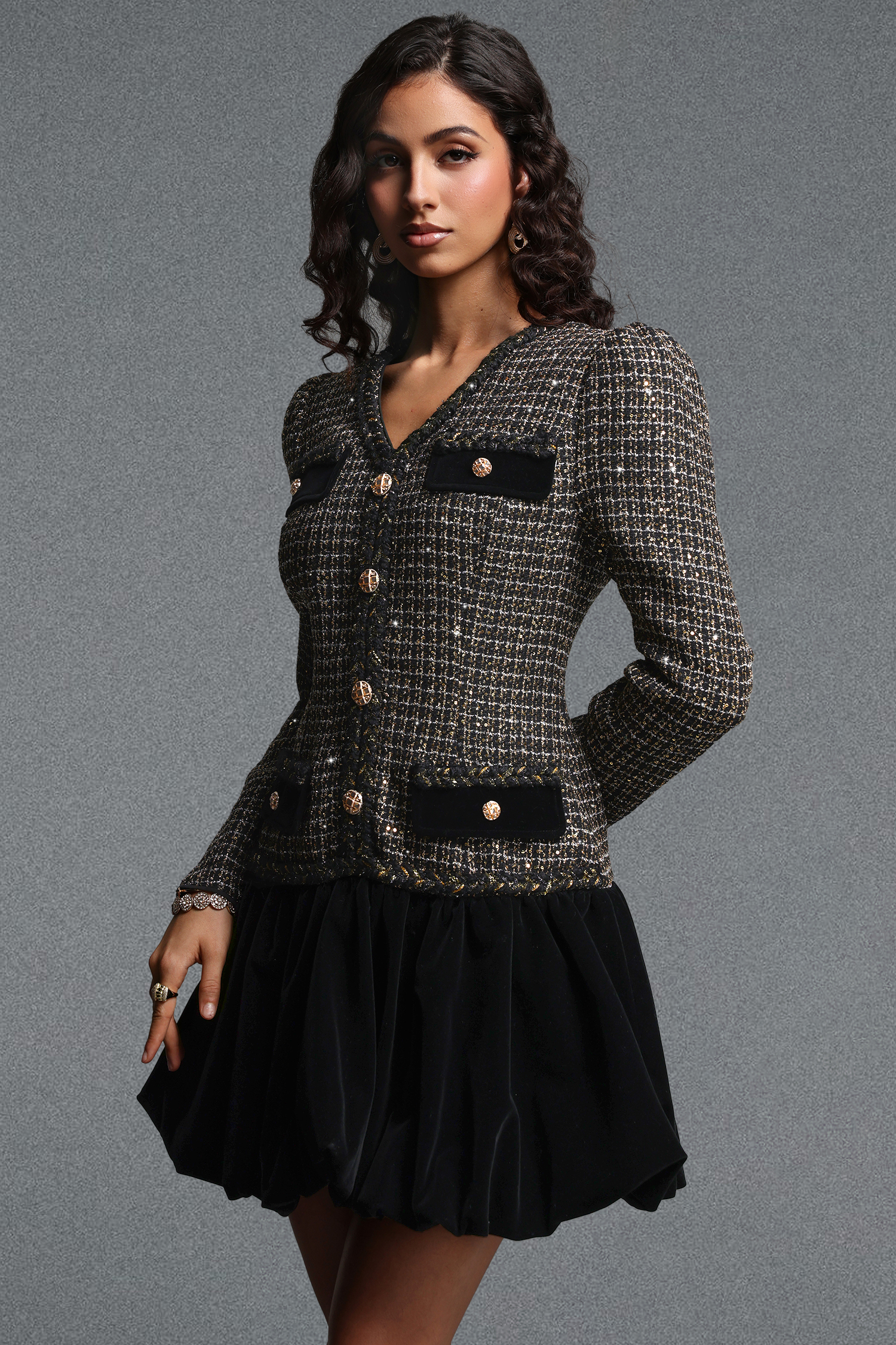 Inez Vintage Tailored V Neck Long Sleeve Velvet Bubble Sequin Tweed Mini Dress