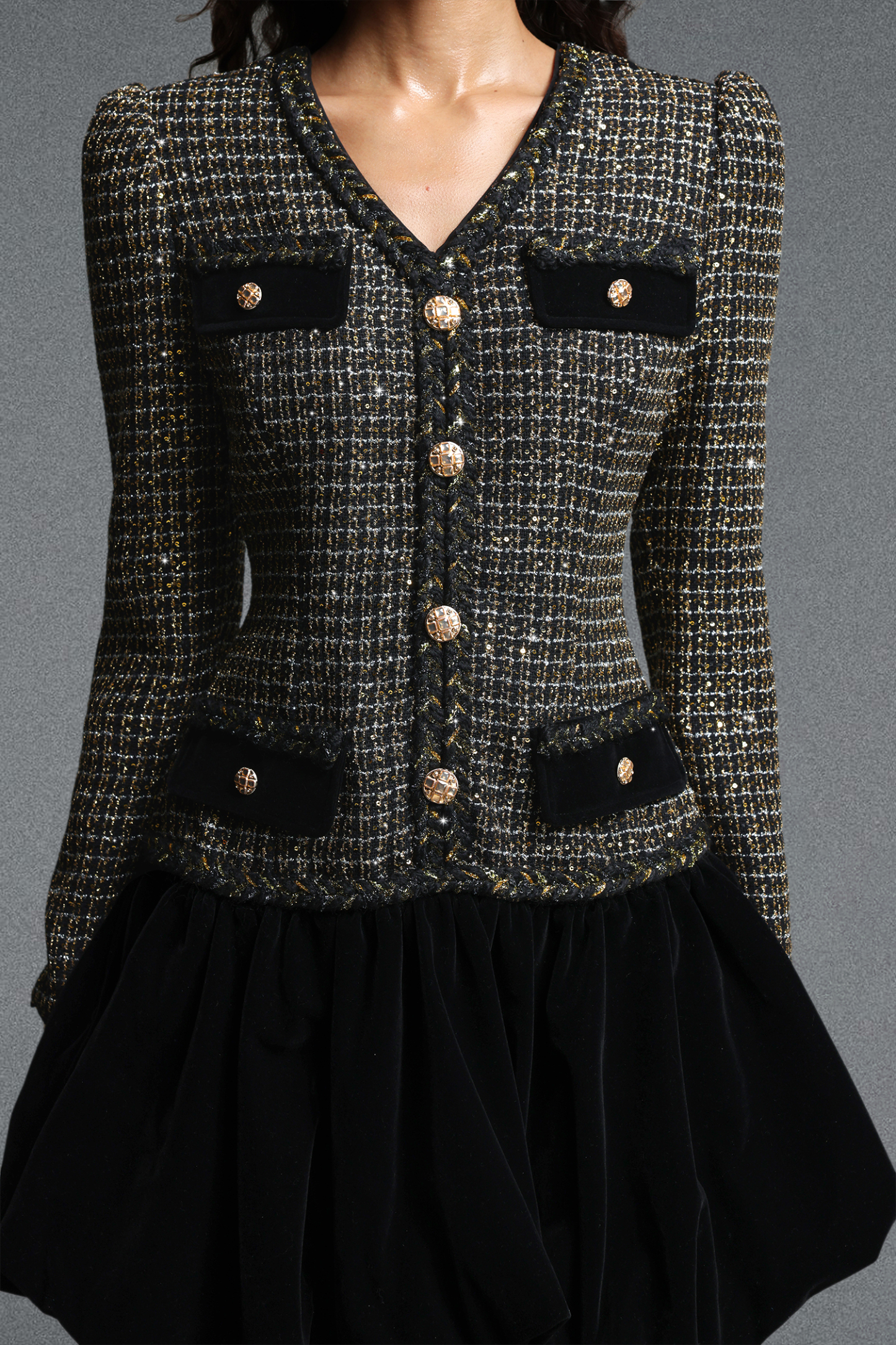 Inez Vintage Tailored V Neck Long Sleeve Velvet Bubble Sequin Tweed Mini Dress