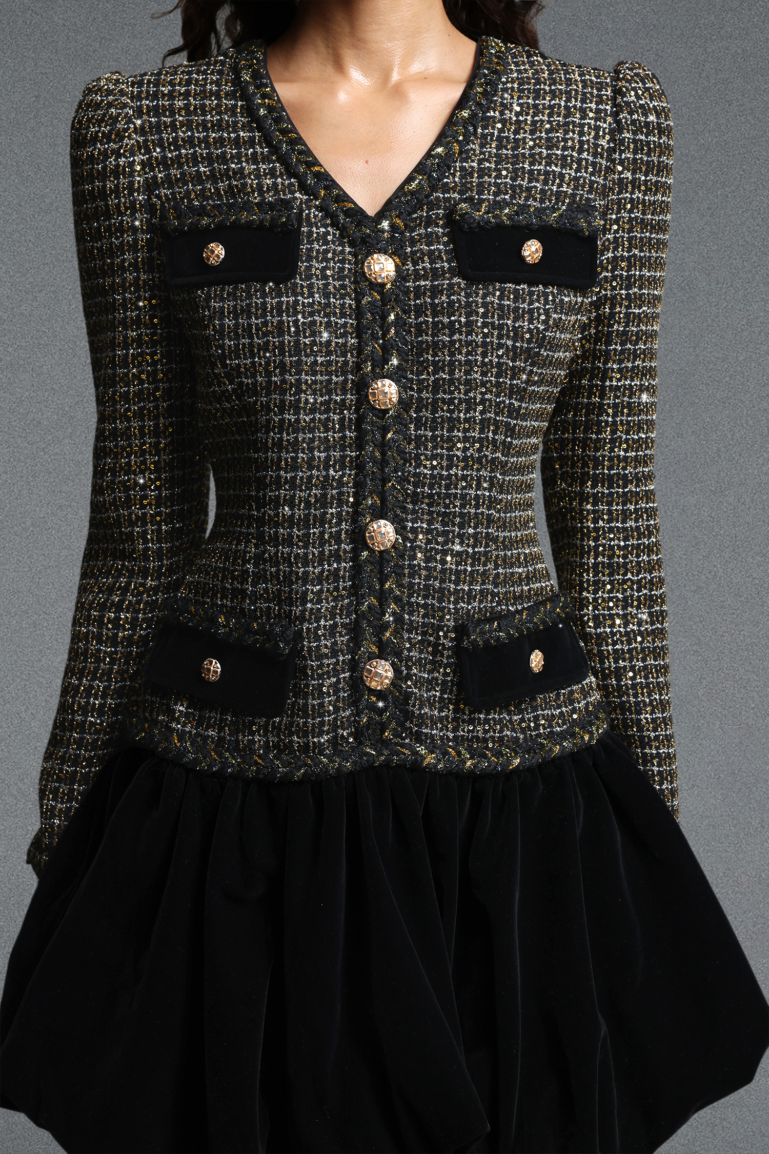 Inez Vintage Tailored V Neck Long Sleeve Velvet Bubble Sequin Tweed Mini Dress