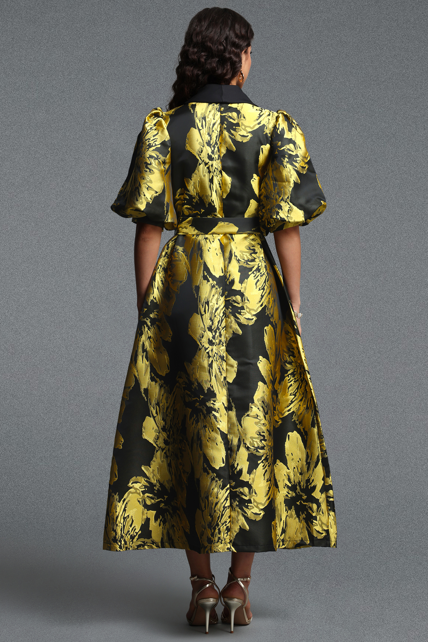 Polasa Vintage Tailored Puff Sleeve Jacquard Woven Maxi Dress