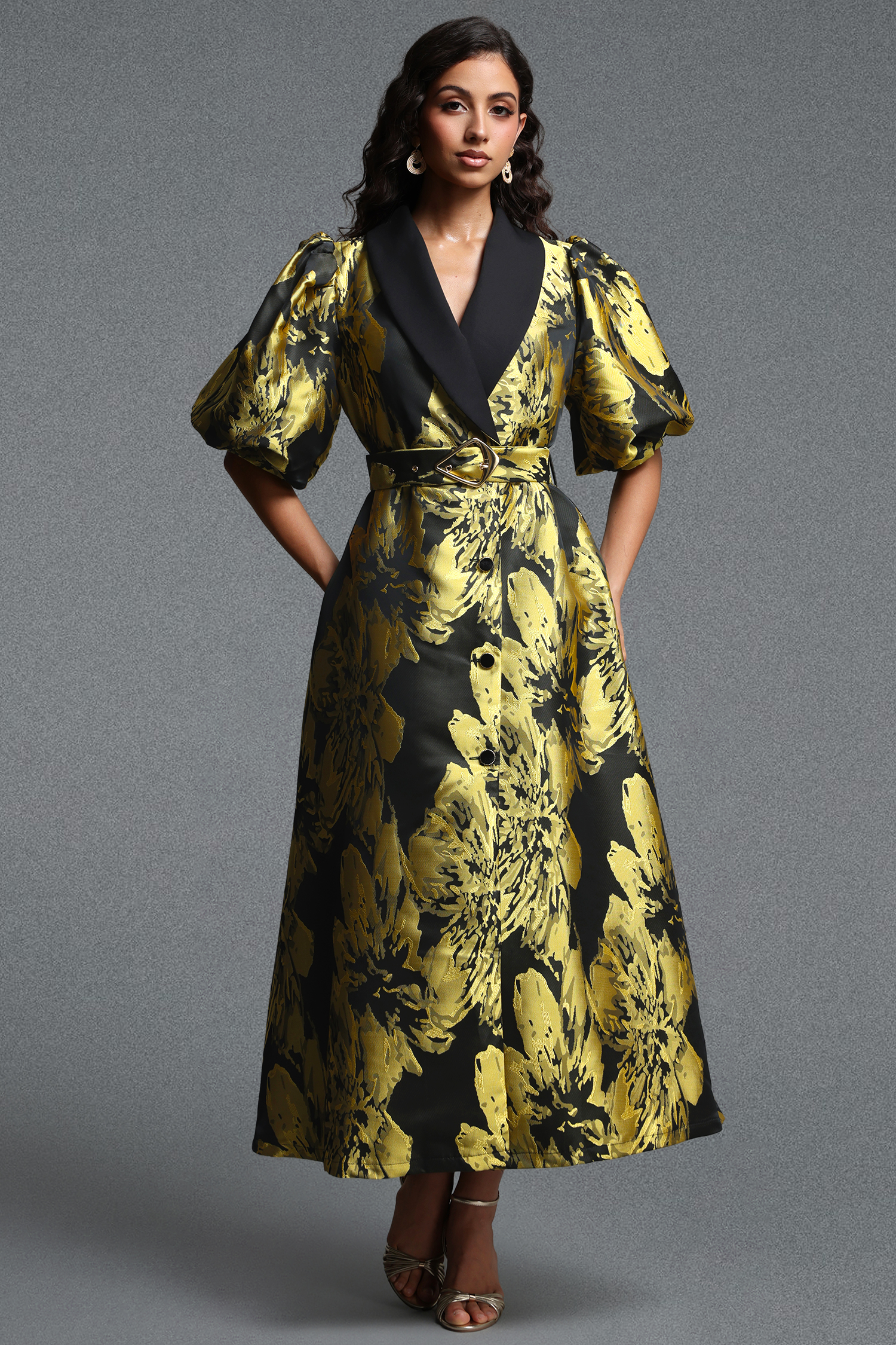 Polasa Vintage Tailored Puff Sleeve Jacquard Woven Maxi Dress
