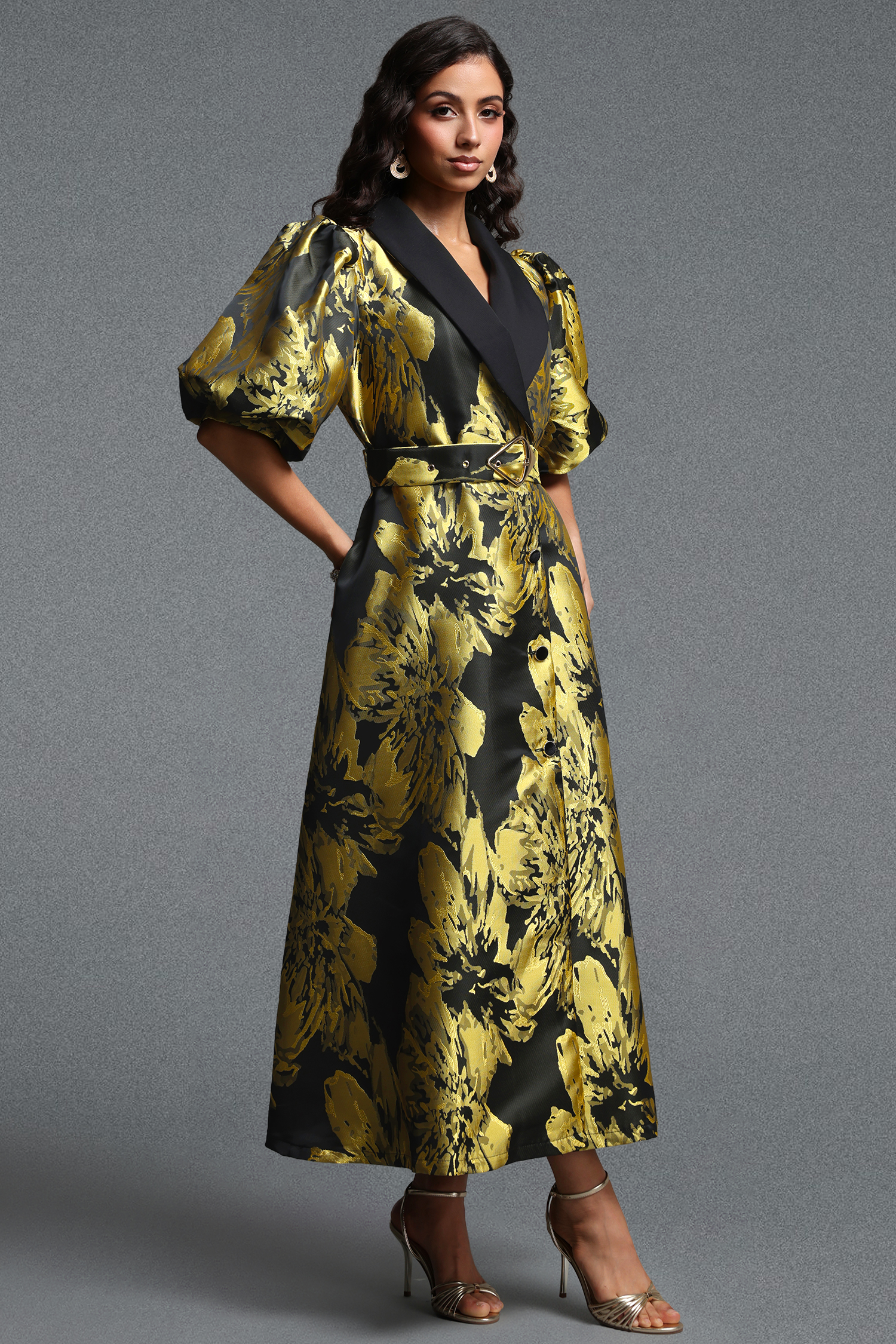 Polasa Vintage Tailored Puff Sleeve Jacquard Woven Maxi Dress