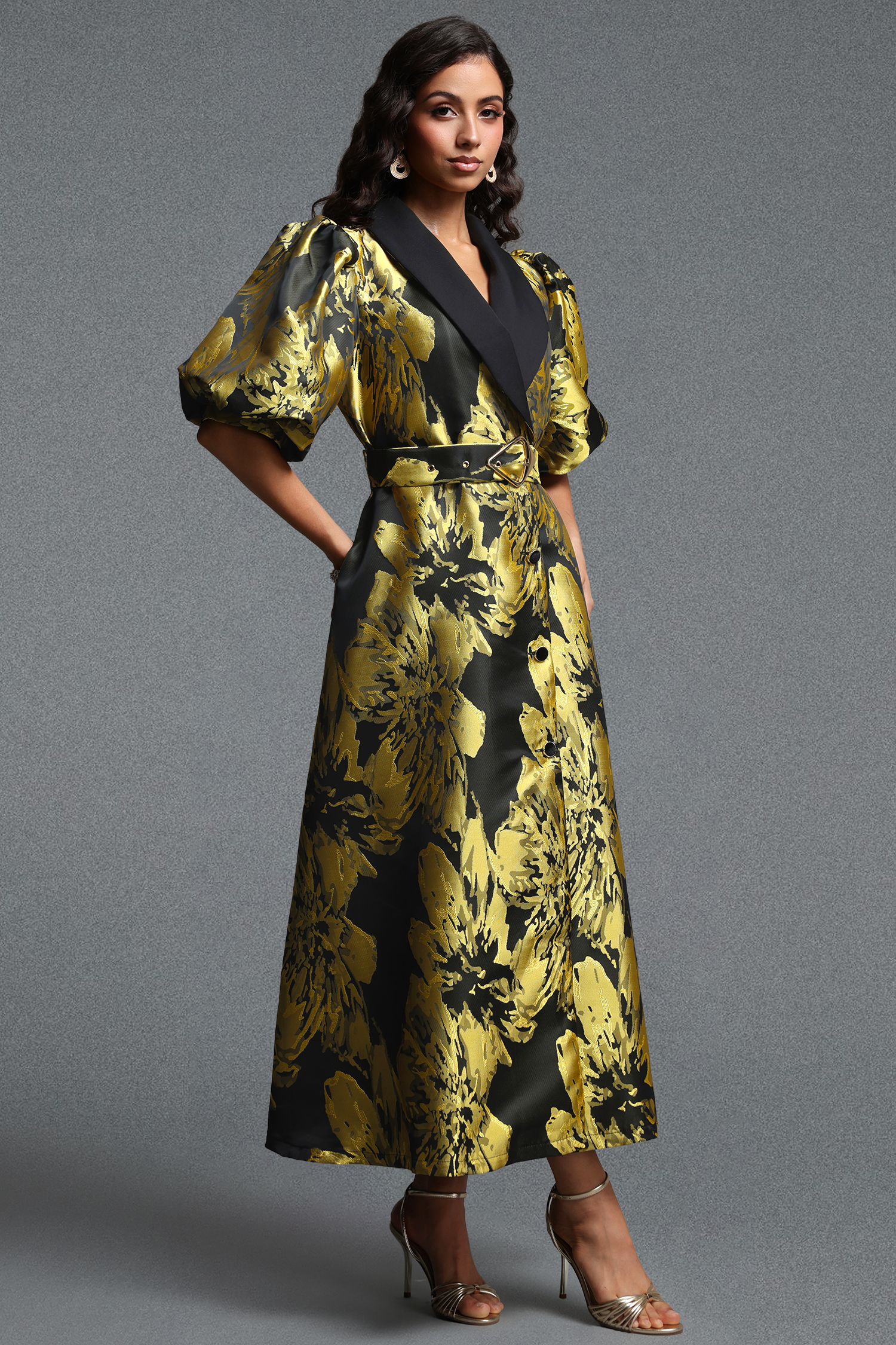 Polasa Vintage Tailored Puff Sleeve Jacquard Woven Maxi Dress