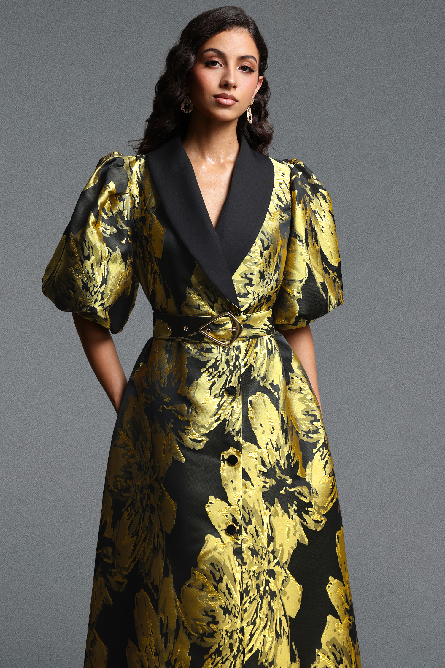 Polasa Vintage Tailored Puff Sleeve Jacquard Woven Maxi Dress
