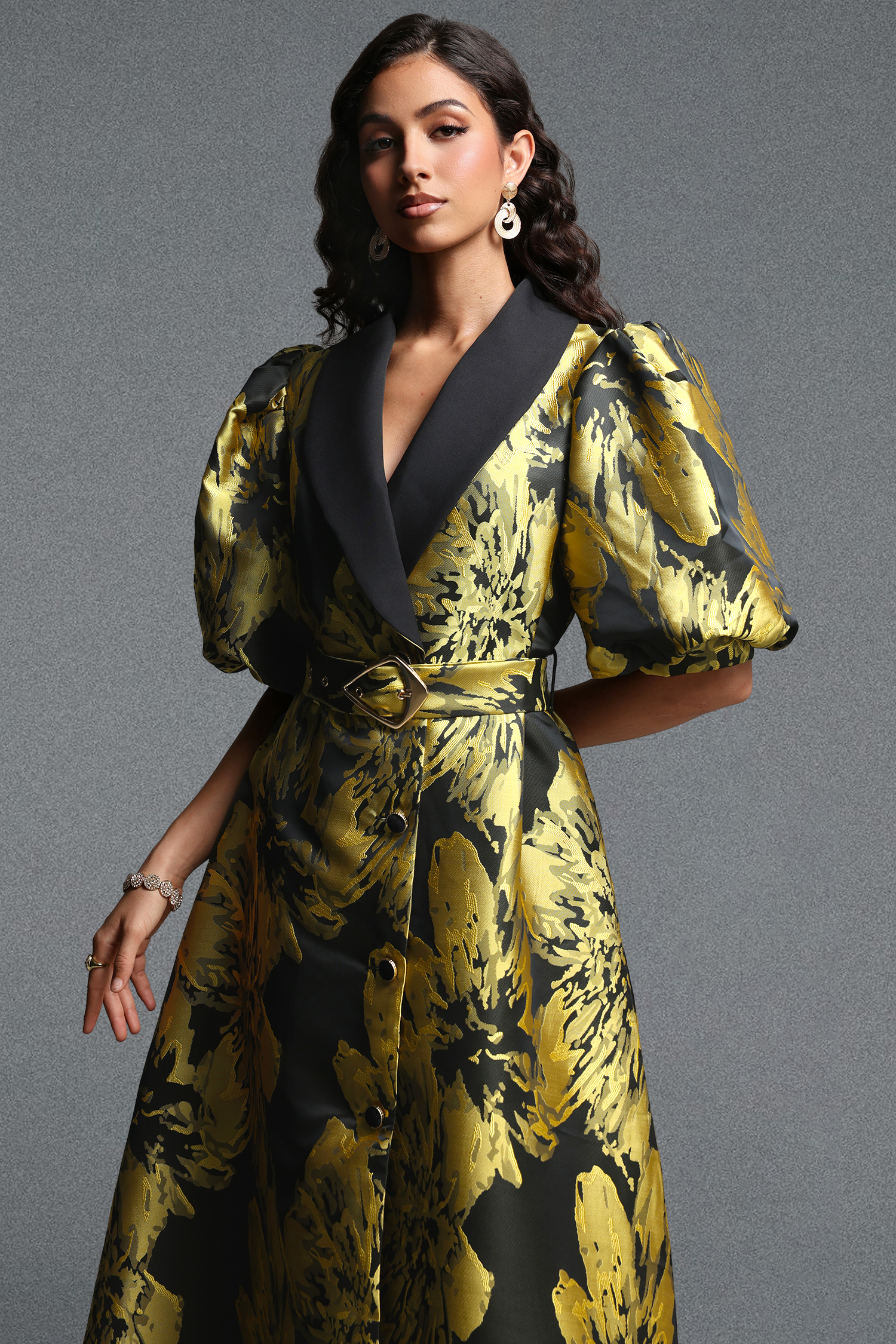 Polasa Vintage Tailored Puff Sleeve Jacquard Woven Maxi Dress