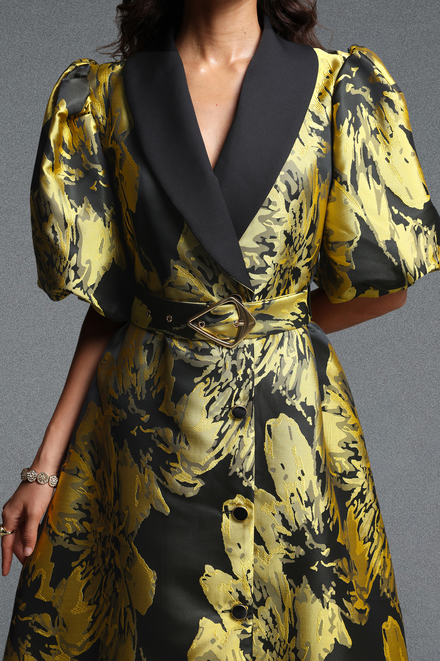Polasa Vintage Tailored Puff Sleeve Jacquard Woven Maxi Dress