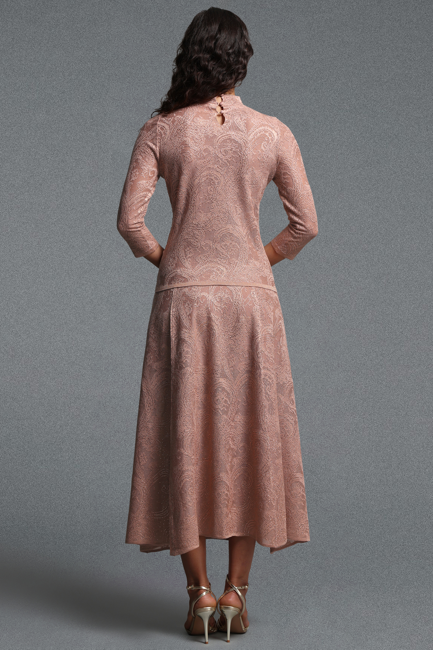 Marcia Vintage Contour Long Sleeve Paisley Jacquard Knit Top and Skirt Two Piece Set