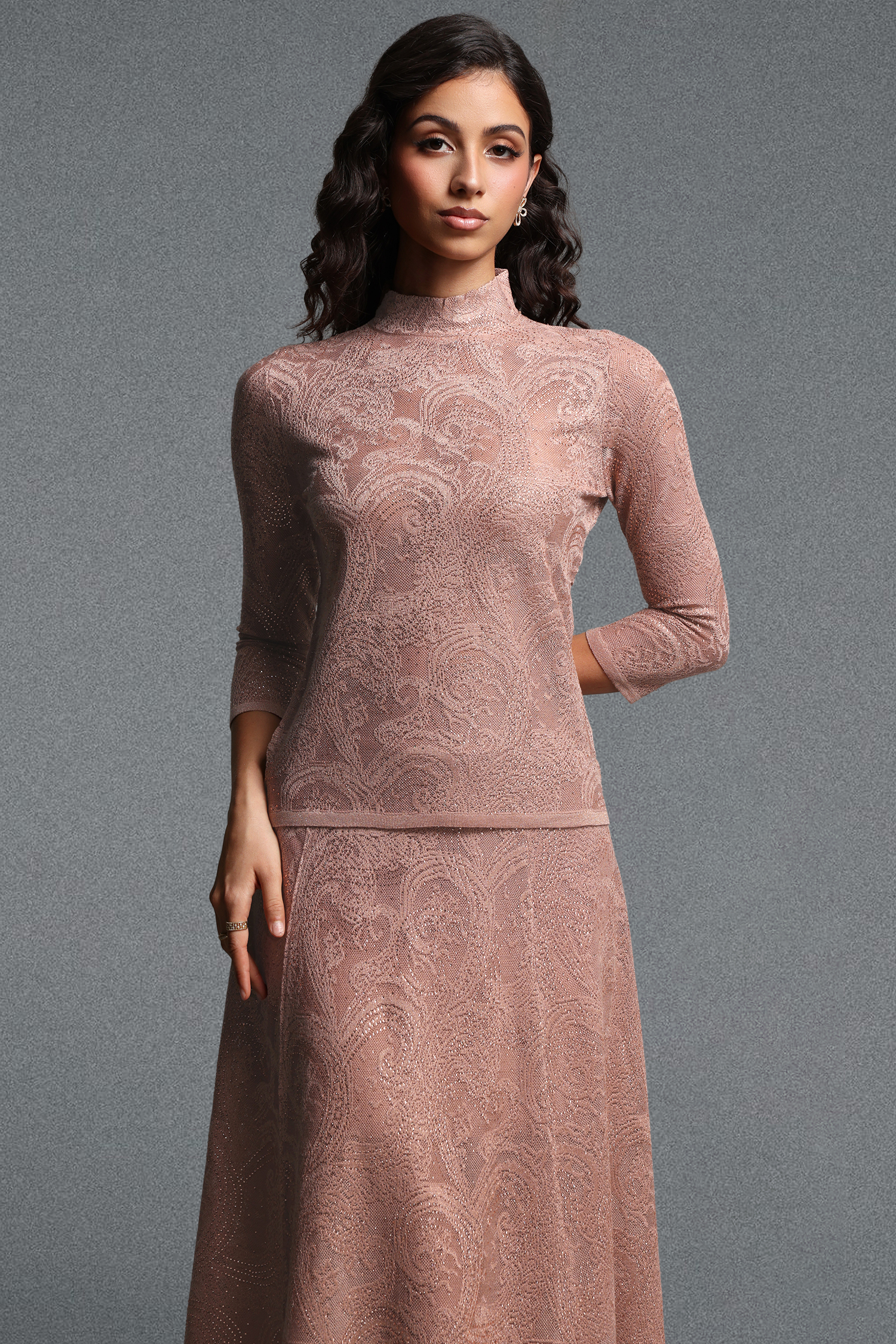 Marcia Vintage Contour Long Sleeve Paisley Jacquard Knit Top and Skirt Two Piece Set