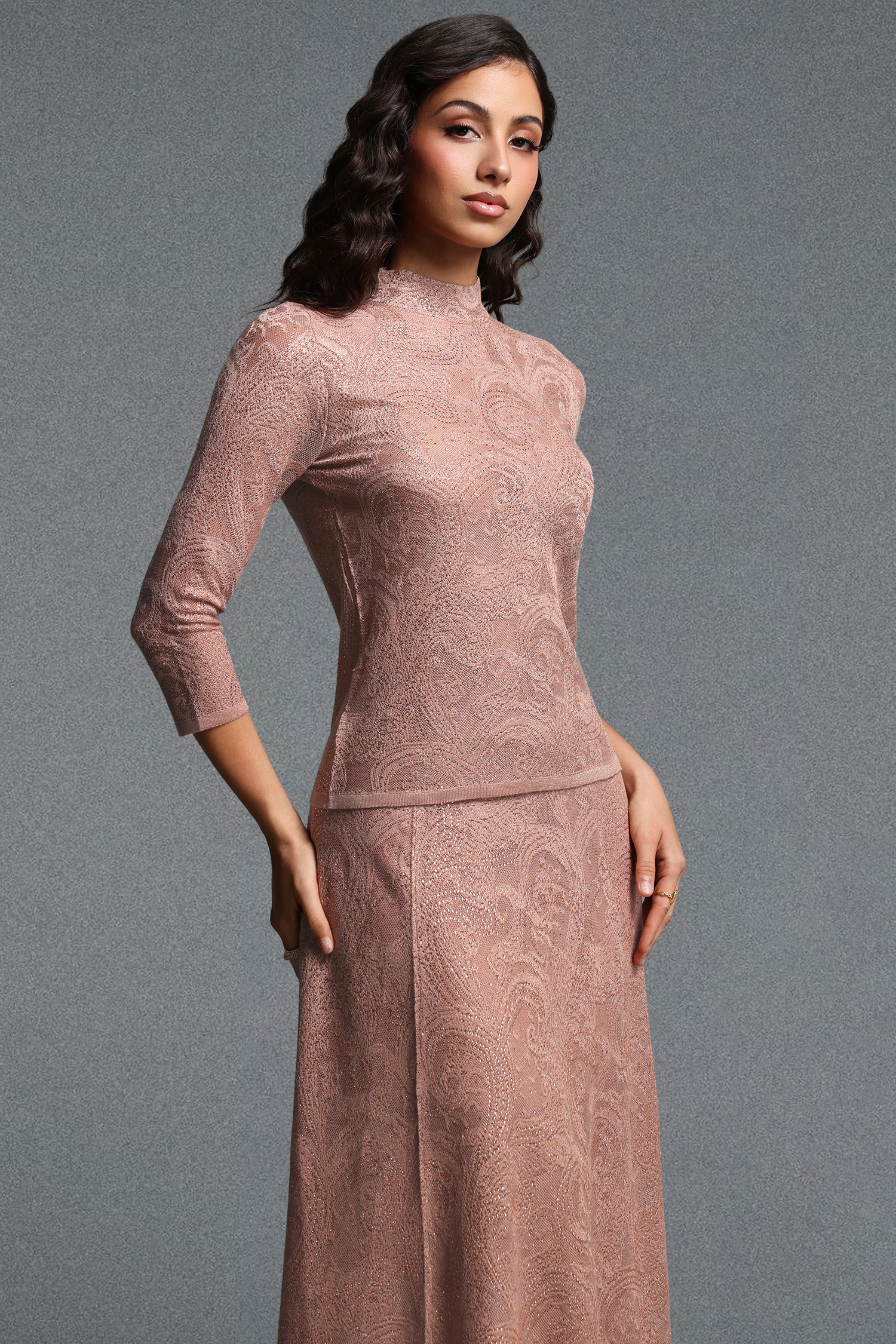 Marcia Vintage Contour Long Sleeve Paisley Jacquard Knit Top and Skirt Two Piece Set