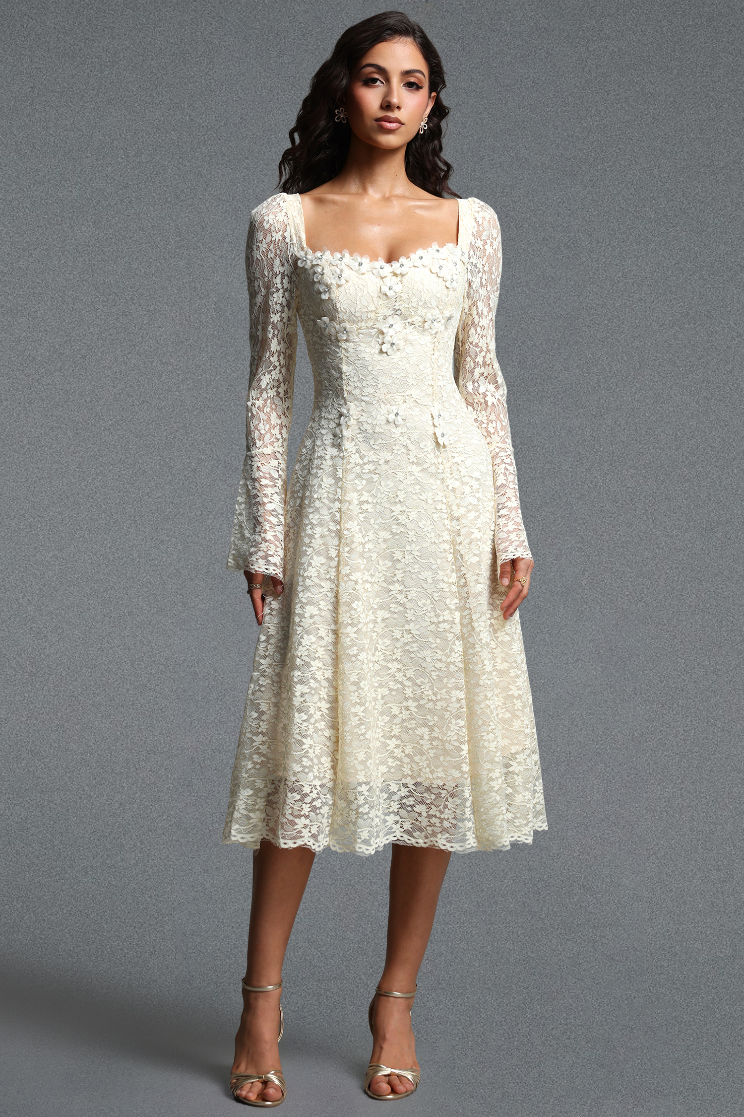 Tenley Romantic Contour Long Sleeve Floral Lace Midi Dress