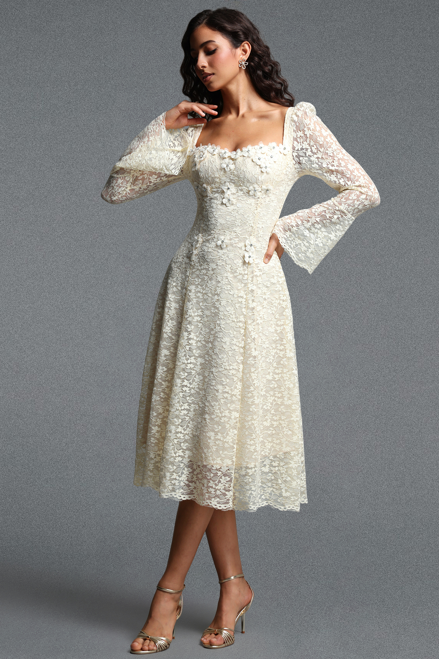 Tenley Romantic Contour Long Sleeve Floral Lace Midi Dress