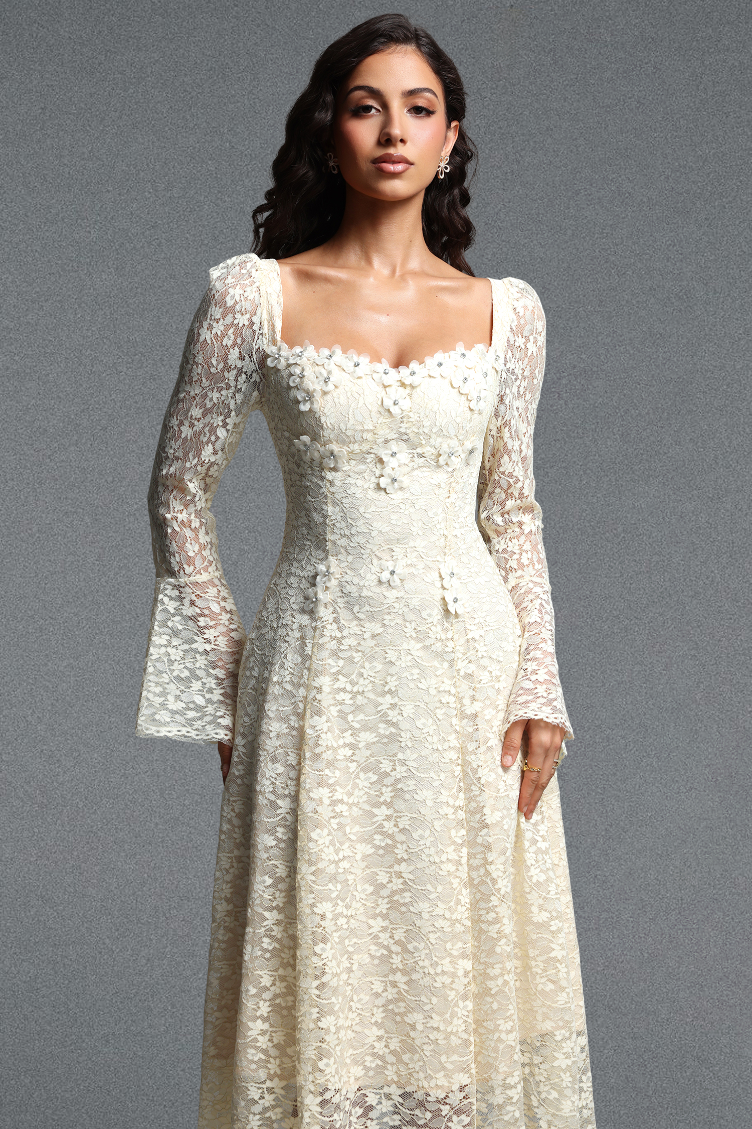 Tenley Romantic Contour Long Sleeve Floral Lace Midi Dress