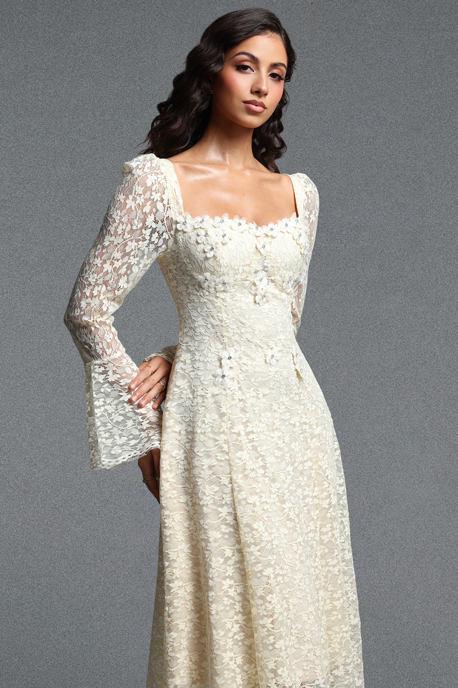 Tenley Romantic Contour Long Sleeve Floral Lace Midi Dress