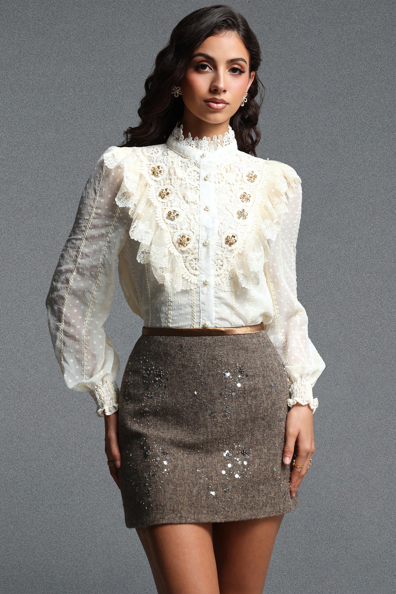 Joclyn Vintage Tailored Long Sleeve Ruffle Floral Sequin Lace Woven Top and Skirt Two Piece Set
