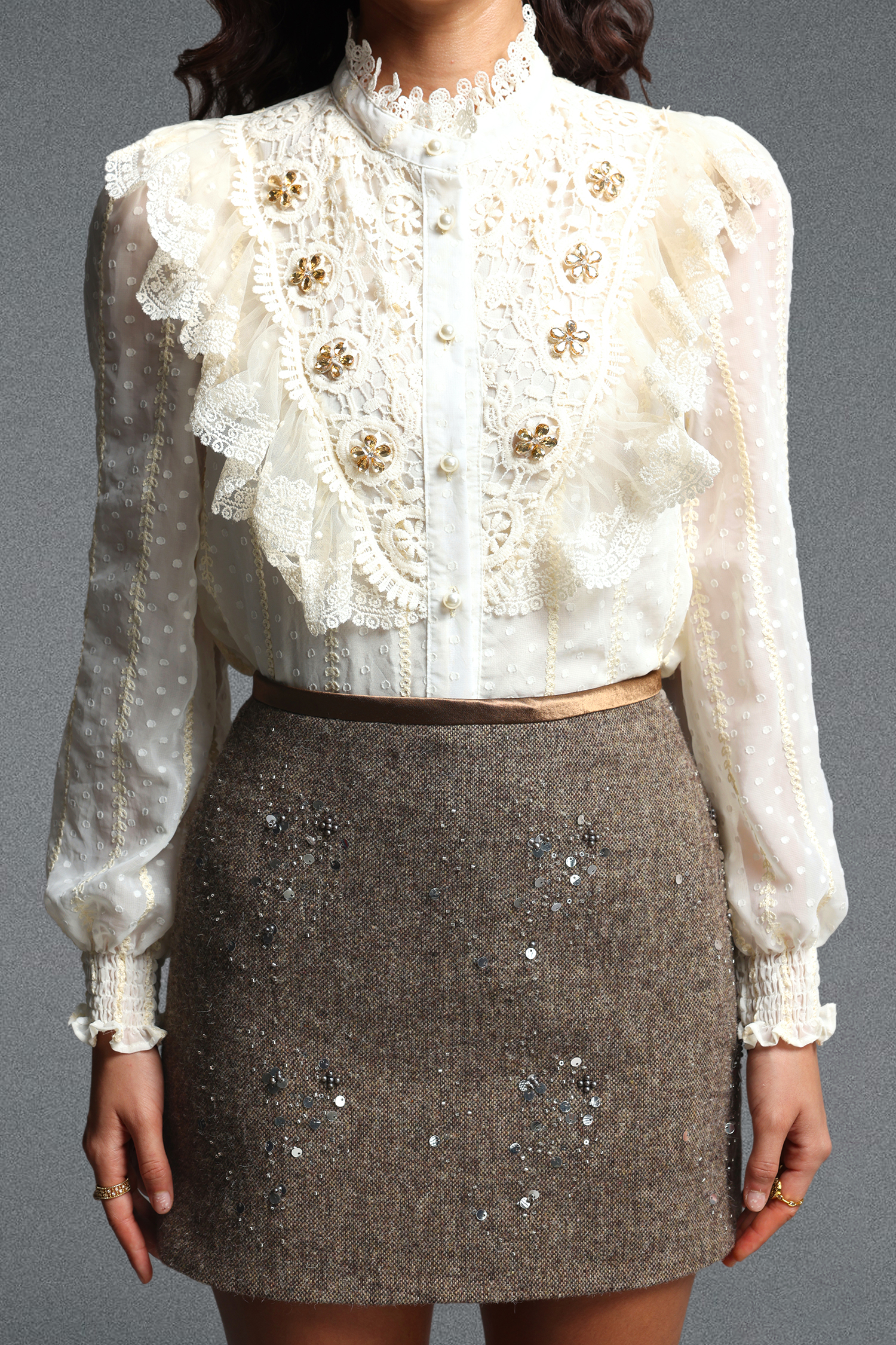 Joclyn Vintage Tailored Long Sleeve Ruffle Floral Sequin Lace Woven Top and Skirt Two Piece Set
