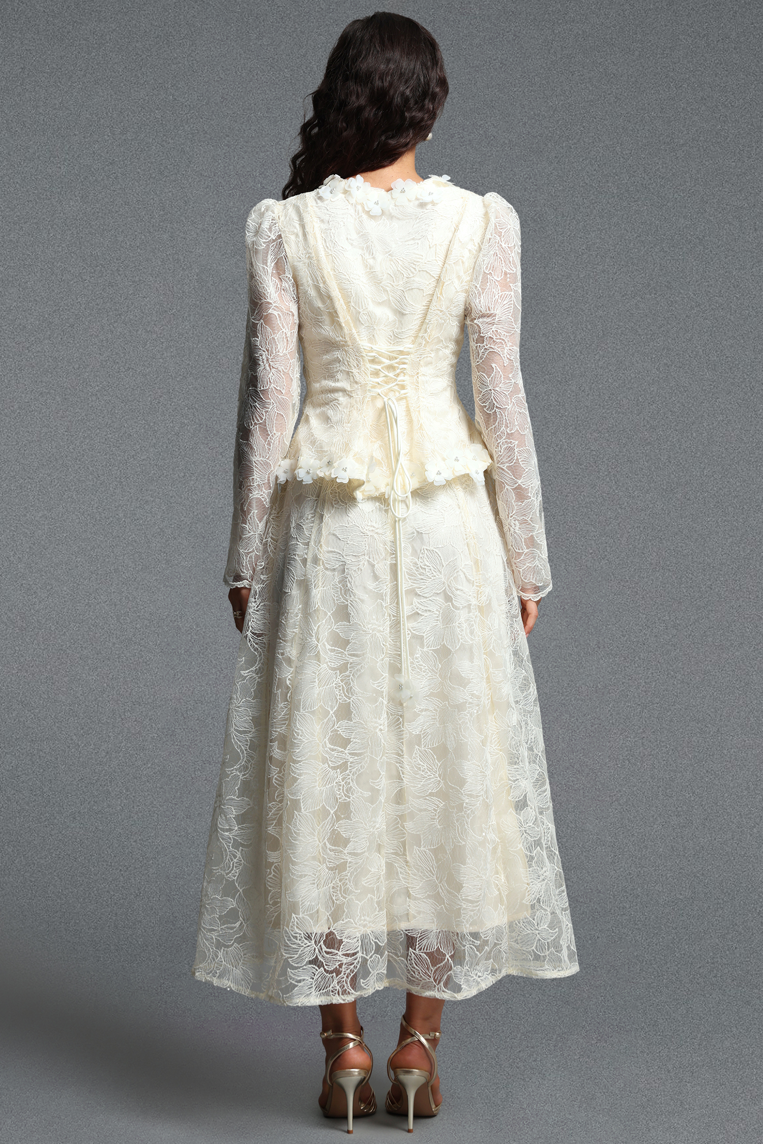 Makani Romantic Flowy Long Sleeve Floral Lace Blazer And Maxi Dress Skirt Two Piece Set