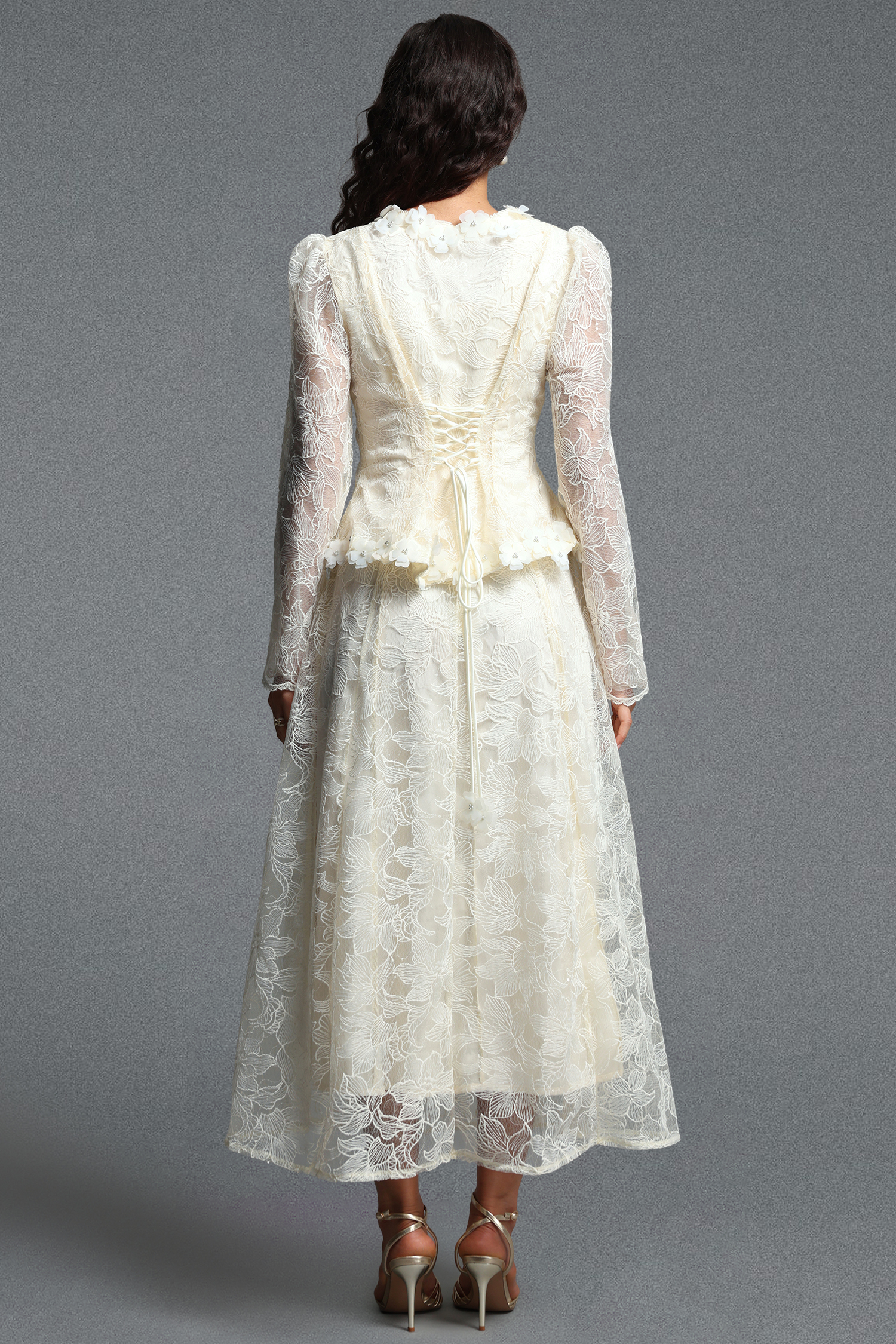 Makani Romantic Flowy Long Sleeve Floral Lace Blazer And Maxi Dress Skirt Two Piece Set