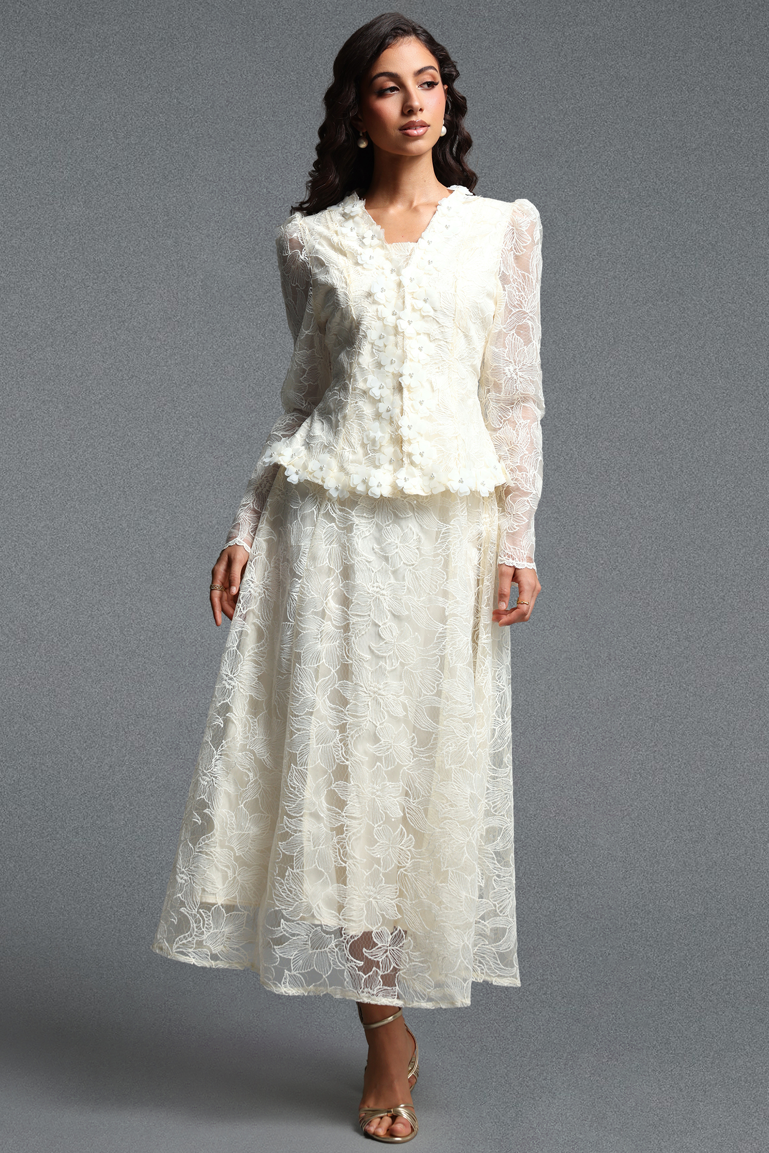 Makani Romantic Flowy Long Sleeve Floral Lace Blazer And Maxi Dress Skirt Two Piece Set