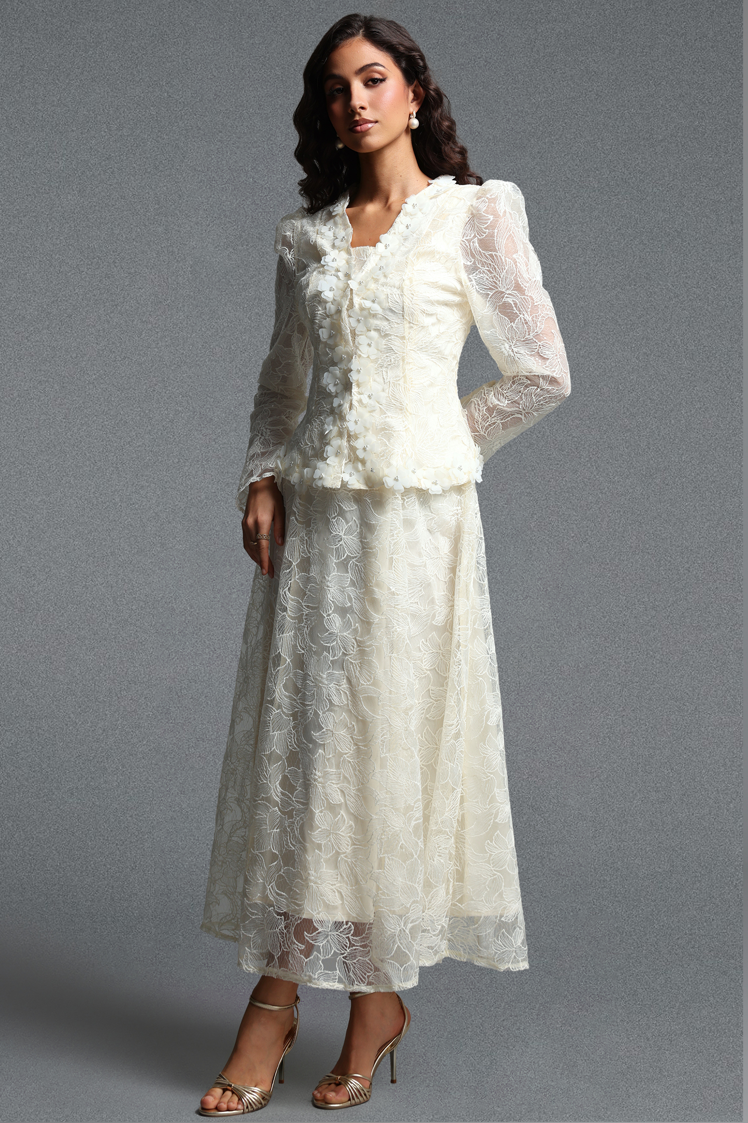 Makani Romantic Flowy Long Sleeve Floral Lace Blazer And Maxi Dress Skirt Two Piece Set