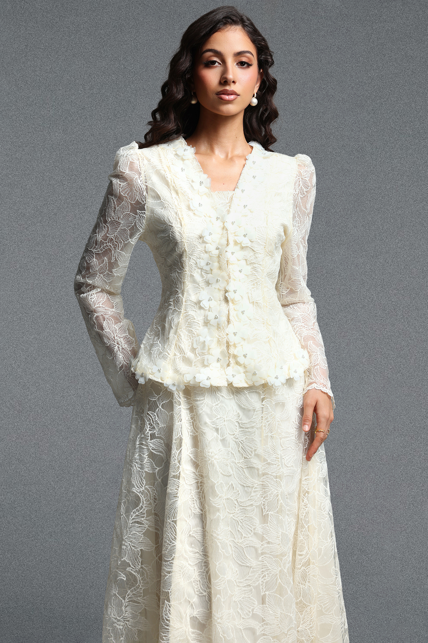 Makani Romantic Flowy Long Sleeve Floral Lace Blazer And Maxi Dress Skirt Two Piece Set