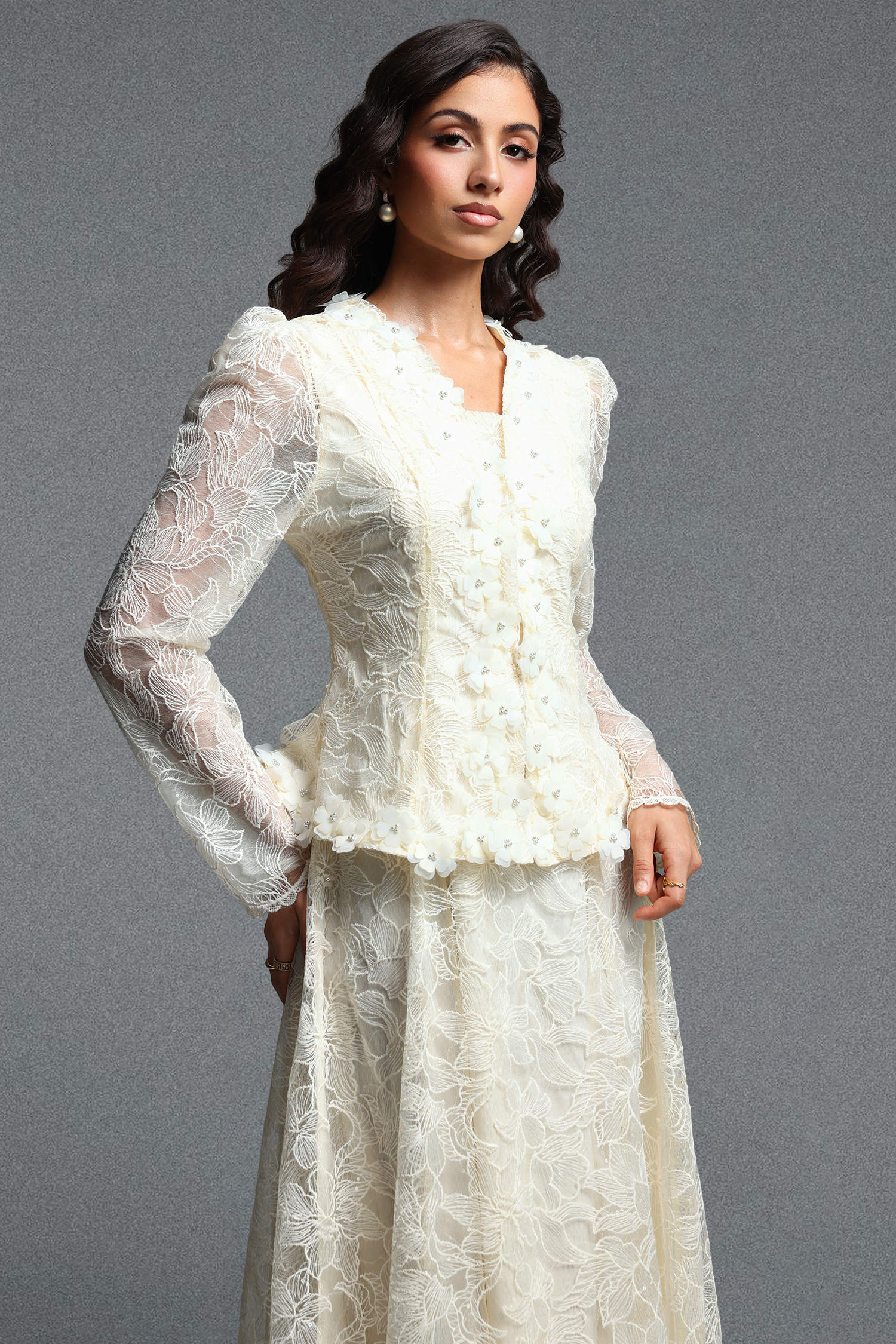 Makani Romantic Flowy Long Sleeve Floral Lace Blazer And Maxi Dress Skirt Two Piece Set