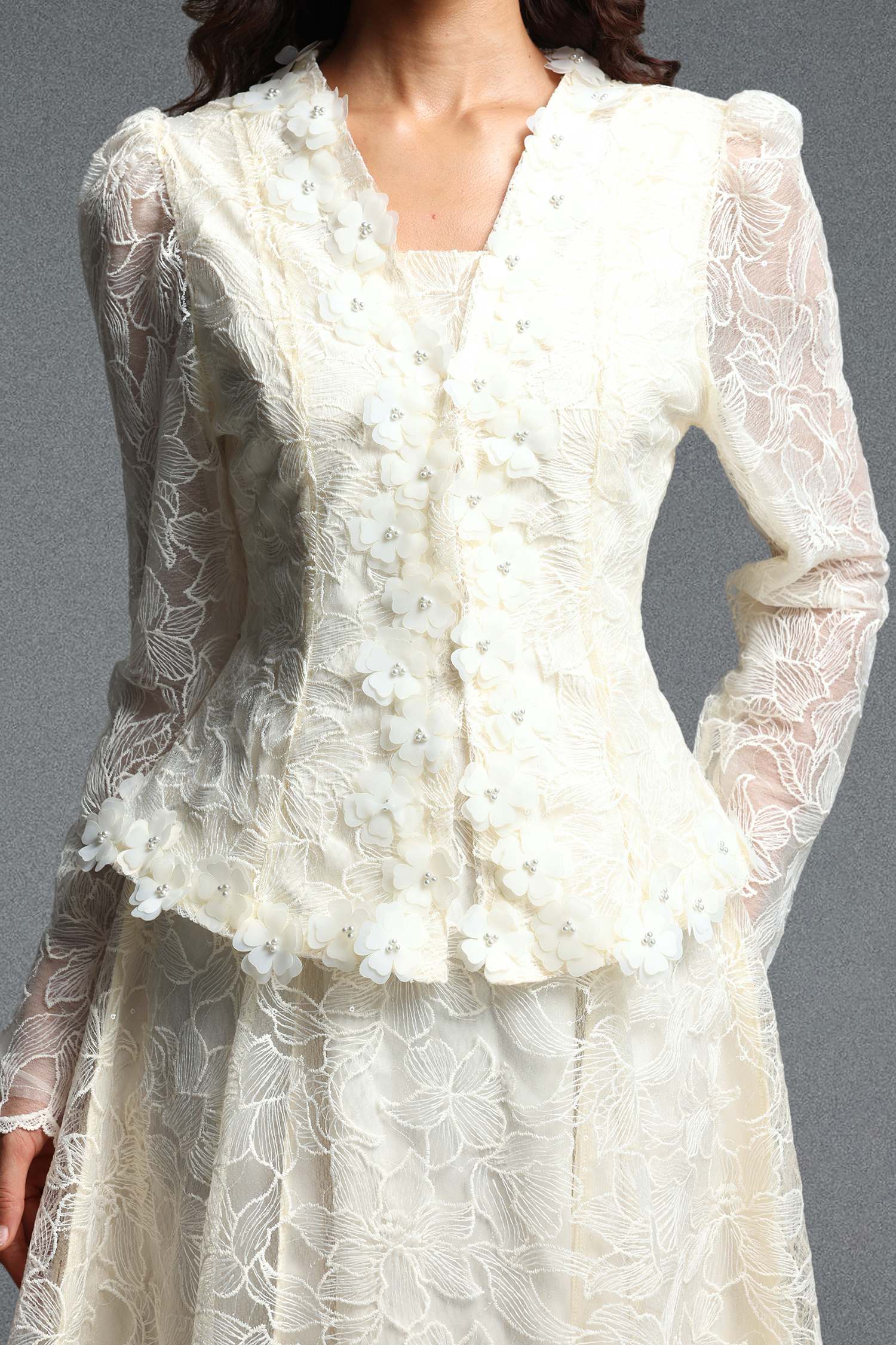 Makani Romantic Flowy Long Sleeve Floral Lace Blazer And Maxi Dress Skirt Two Piece Set
