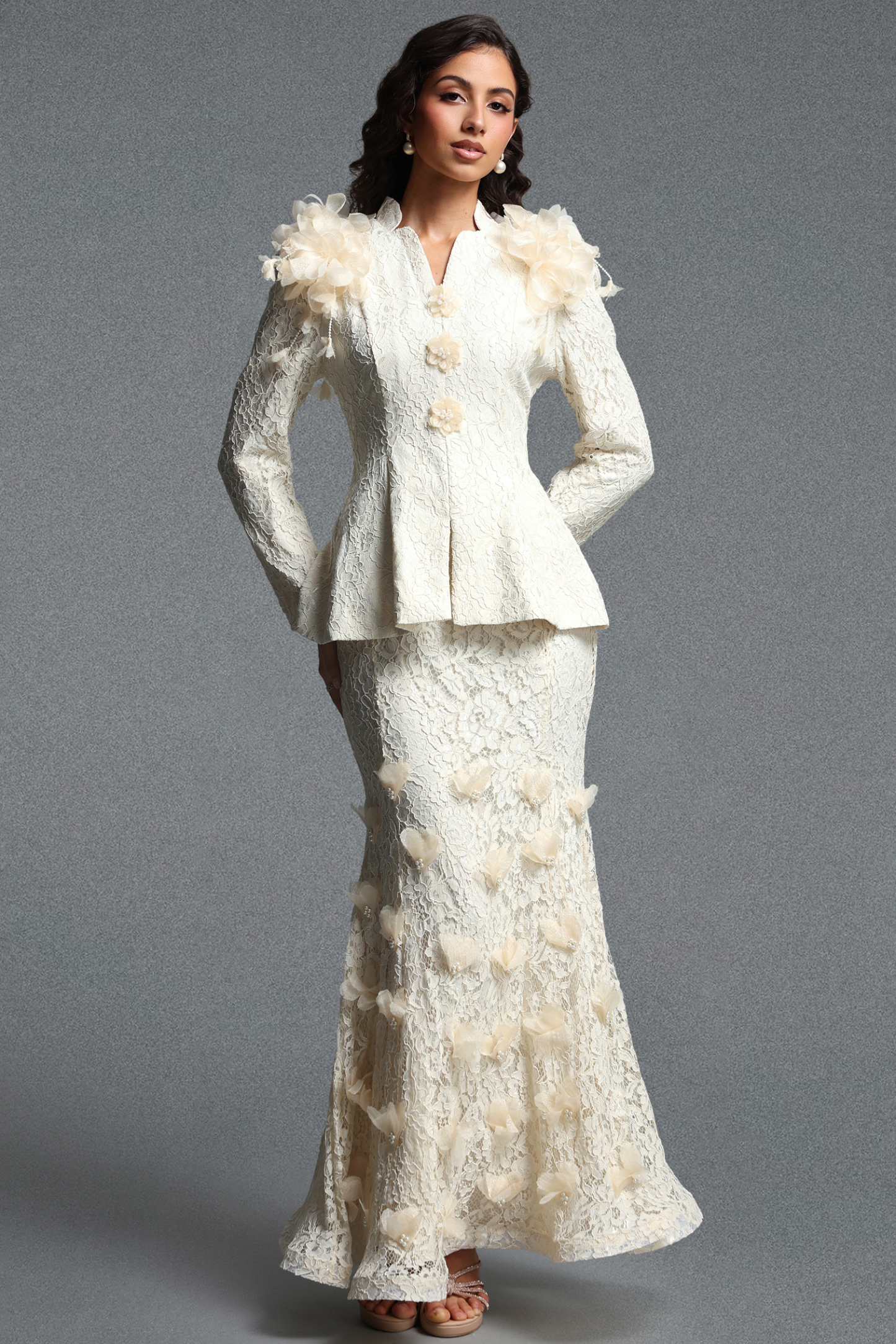 Edith Vintage Tailored Long Sleeve Floral Lace Top and Skirt Two Piece Set