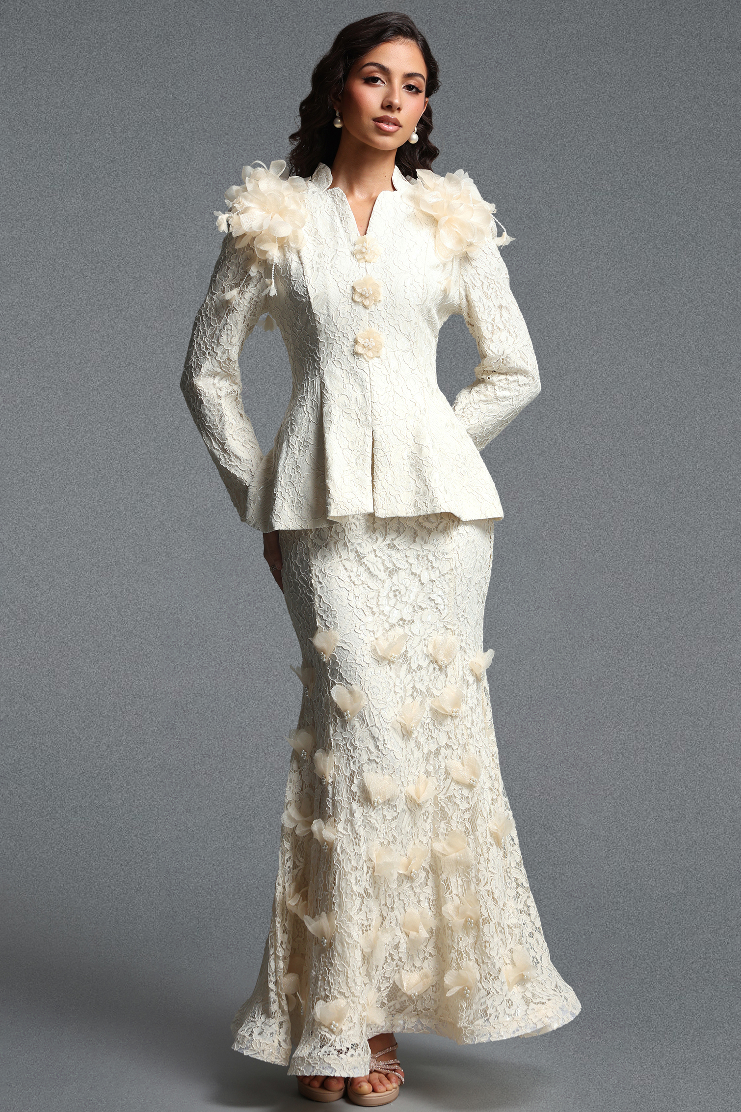 Edith Vintage Tailored Long Sleeve Floral Lace Top and Skirt Two Piece Set