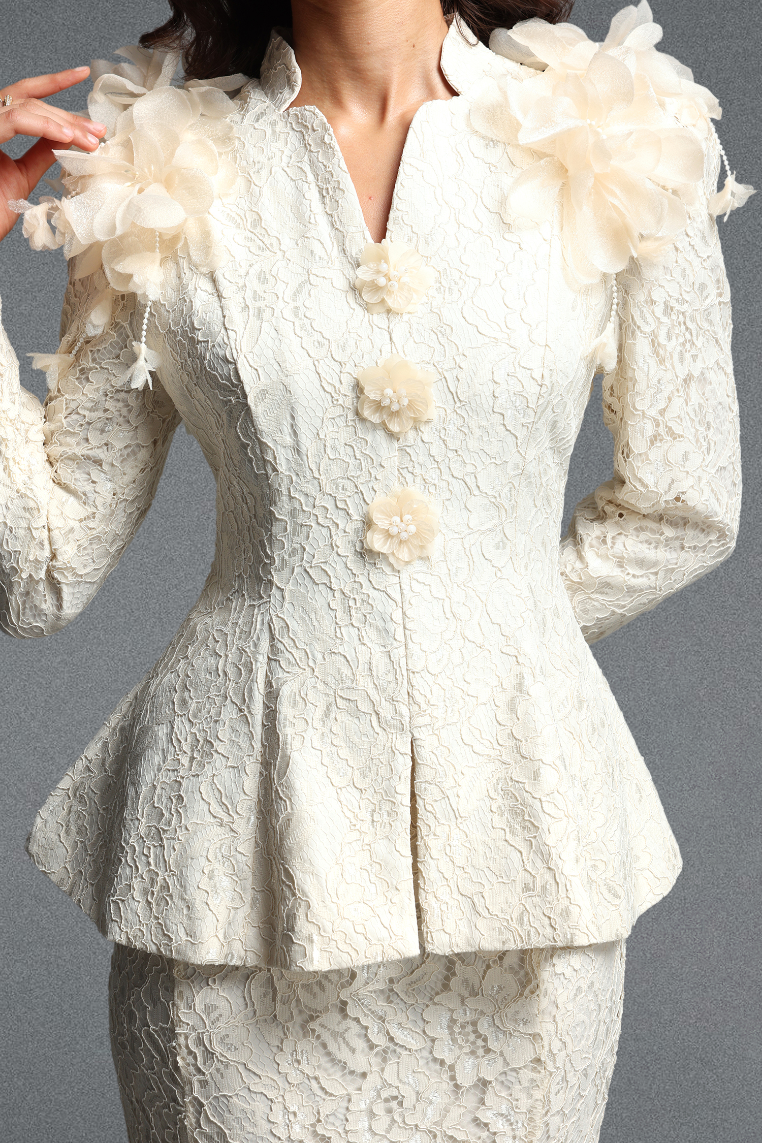 Edith Vintage Tailored Long Sleeve Floral Lace Top and Skirt Two Piece Set