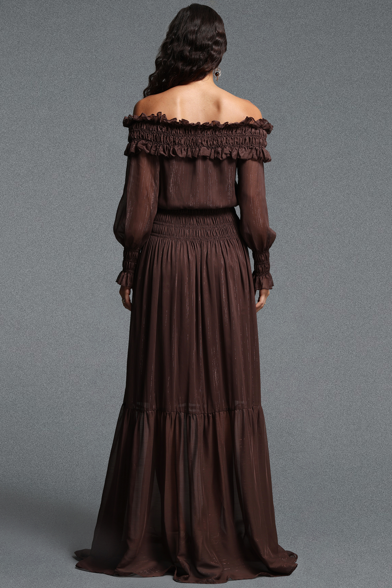 Quinta Romantic Flowy Off Shoulder Long Sleeve Chiffon Maxi Dress