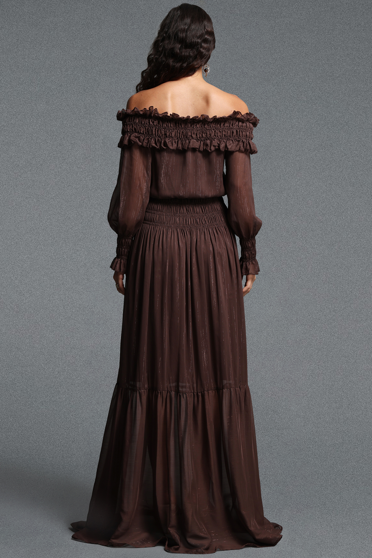Quinta Romantic Flowy Off Shoulder Long Sleeve Chiffon Maxi Dress