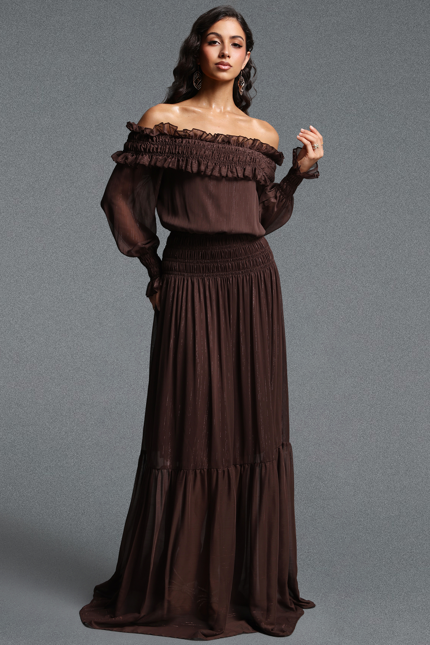 Quinta Romantic Flowy Off Shoulder Long Sleeve Chiffon Maxi Dress
