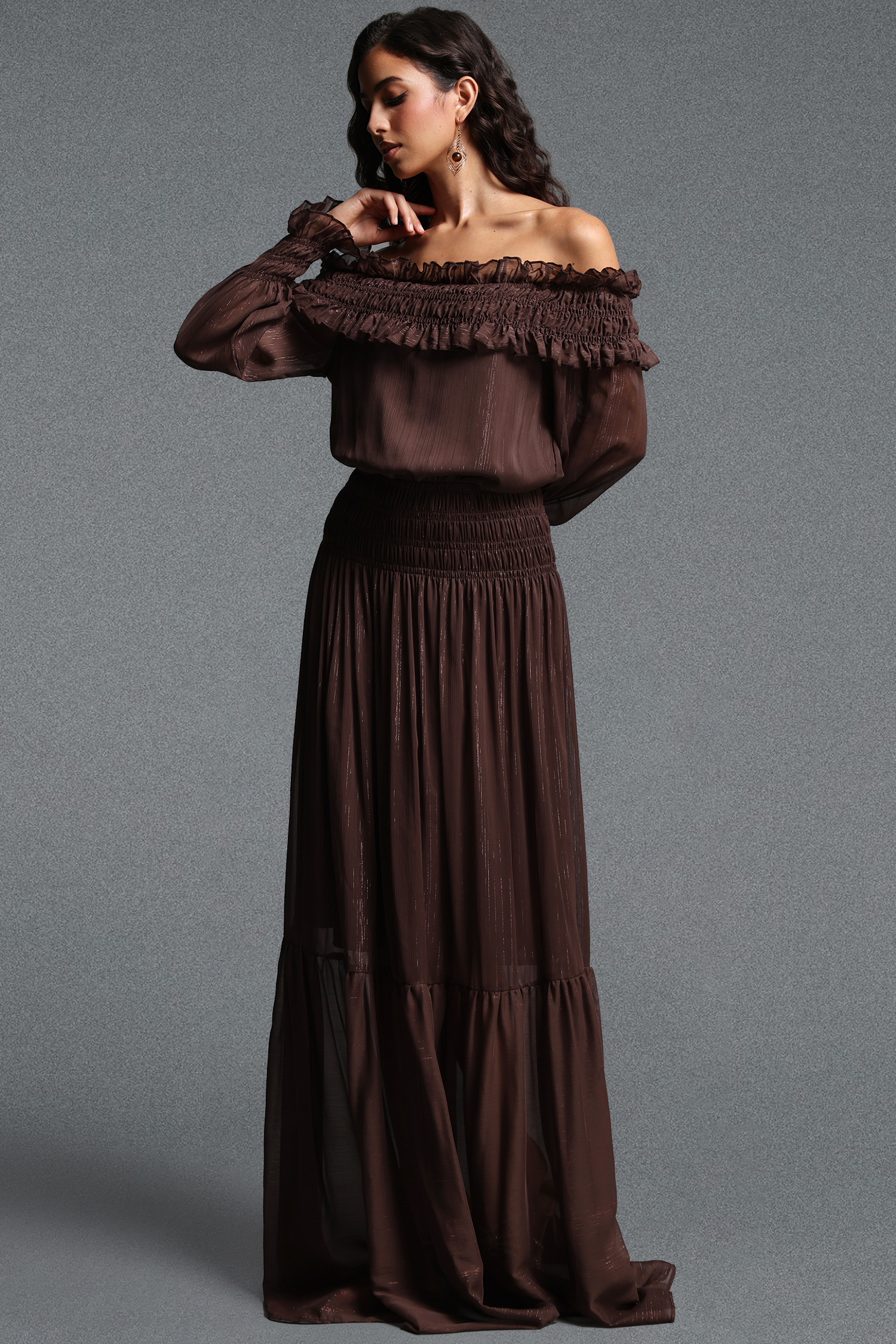 Quinta Romantic Flowy Off Shoulder Long Sleeve Chiffon Maxi Dress