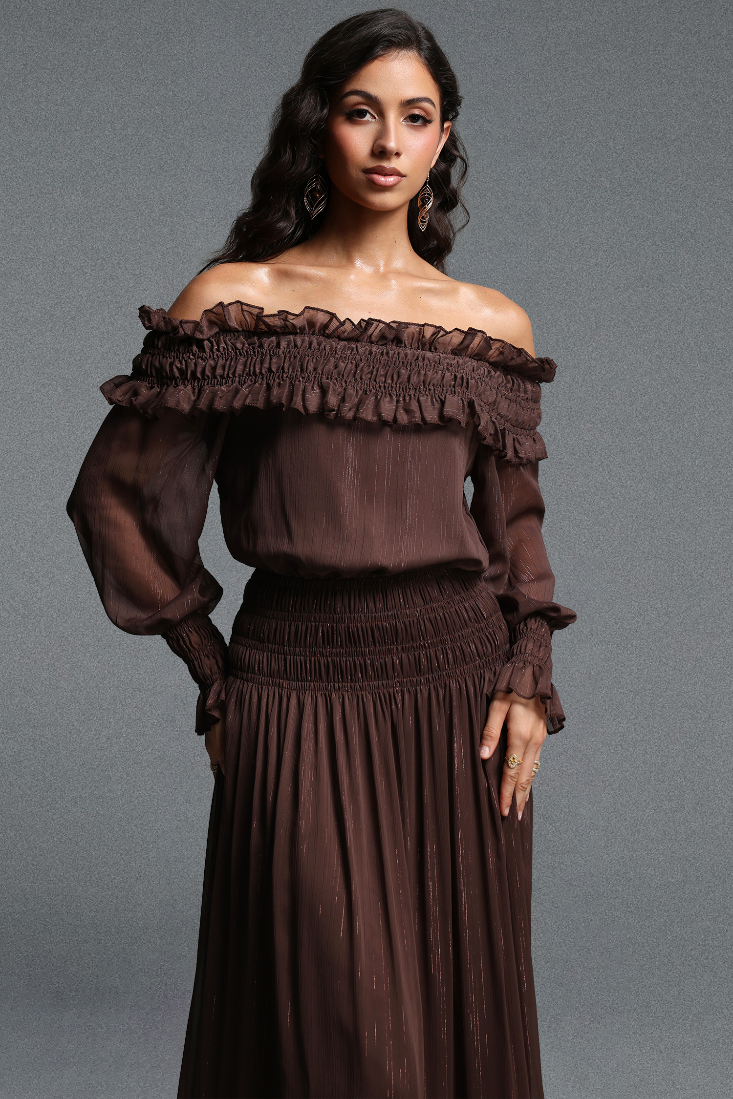 Quinta Romantic Flowy Off Shoulder Long Sleeve Chiffon Maxi Dress