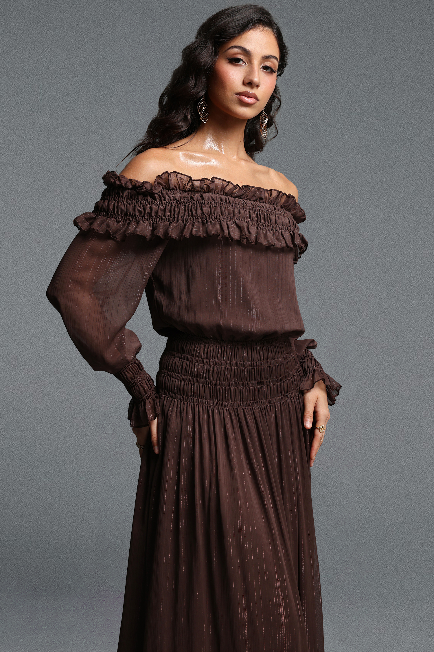 Quinta Romantic Flowy Off Shoulder Long Sleeve Chiffon Maxi Dress