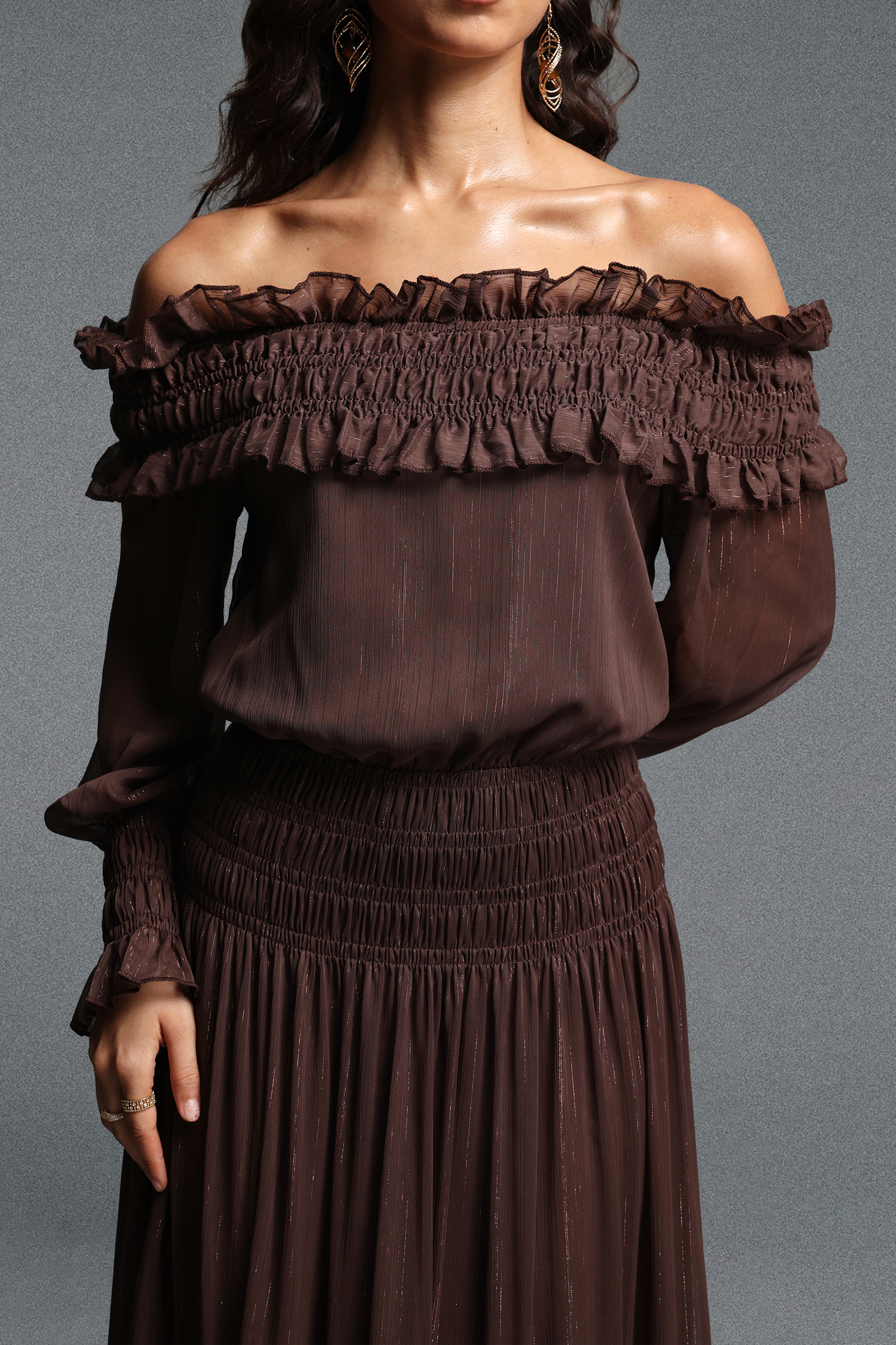 Quinta Romantic Flowy Off Shoulder Long Sleeve Chiffon Maxi Dress